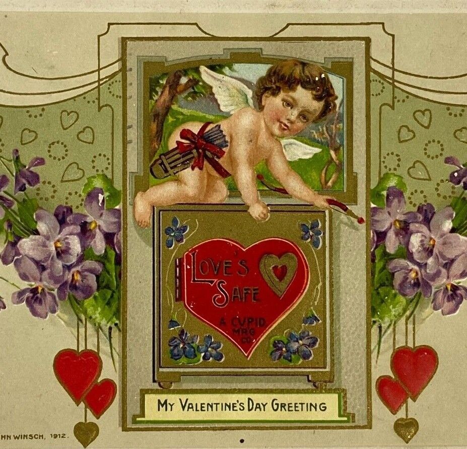 1913 Embossed Valentine Postcard Cupid Hearts Flowers John Winsch German VTG