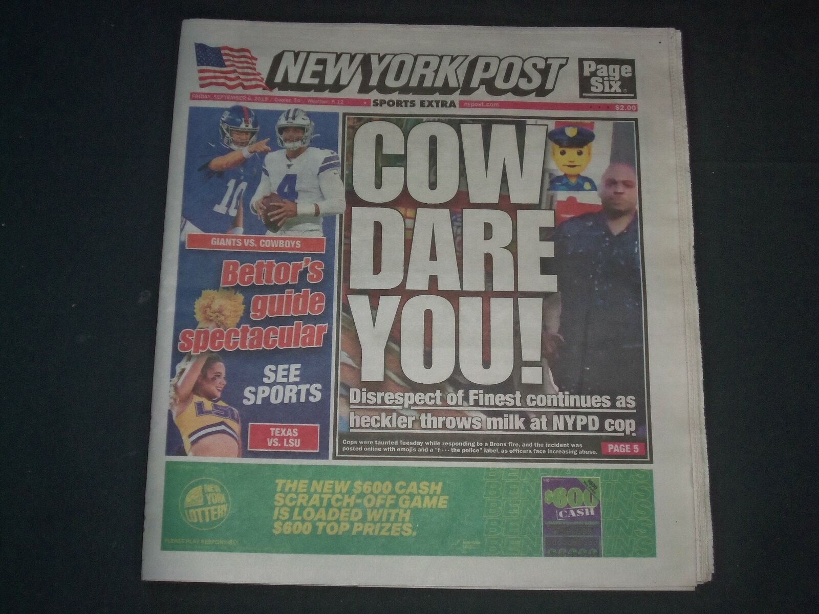 2019 SEPTEMBER 6 NEW YORK POST NEWSPAPER - DISRESPECT OF NYPD - COW DARE YOU