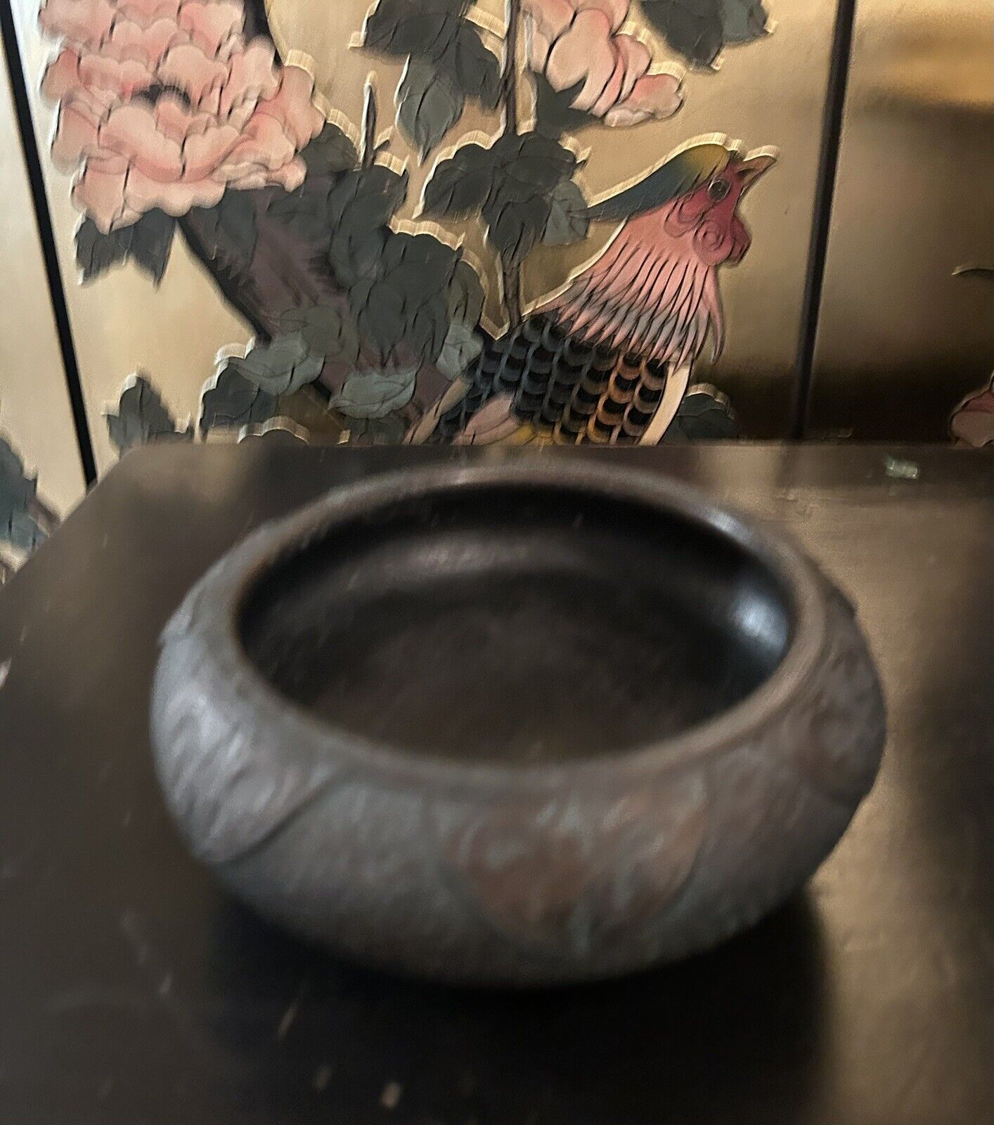 Japanese TOKANABE Black Pottery 3-Footed Bowl Raised Design Circa 1930's