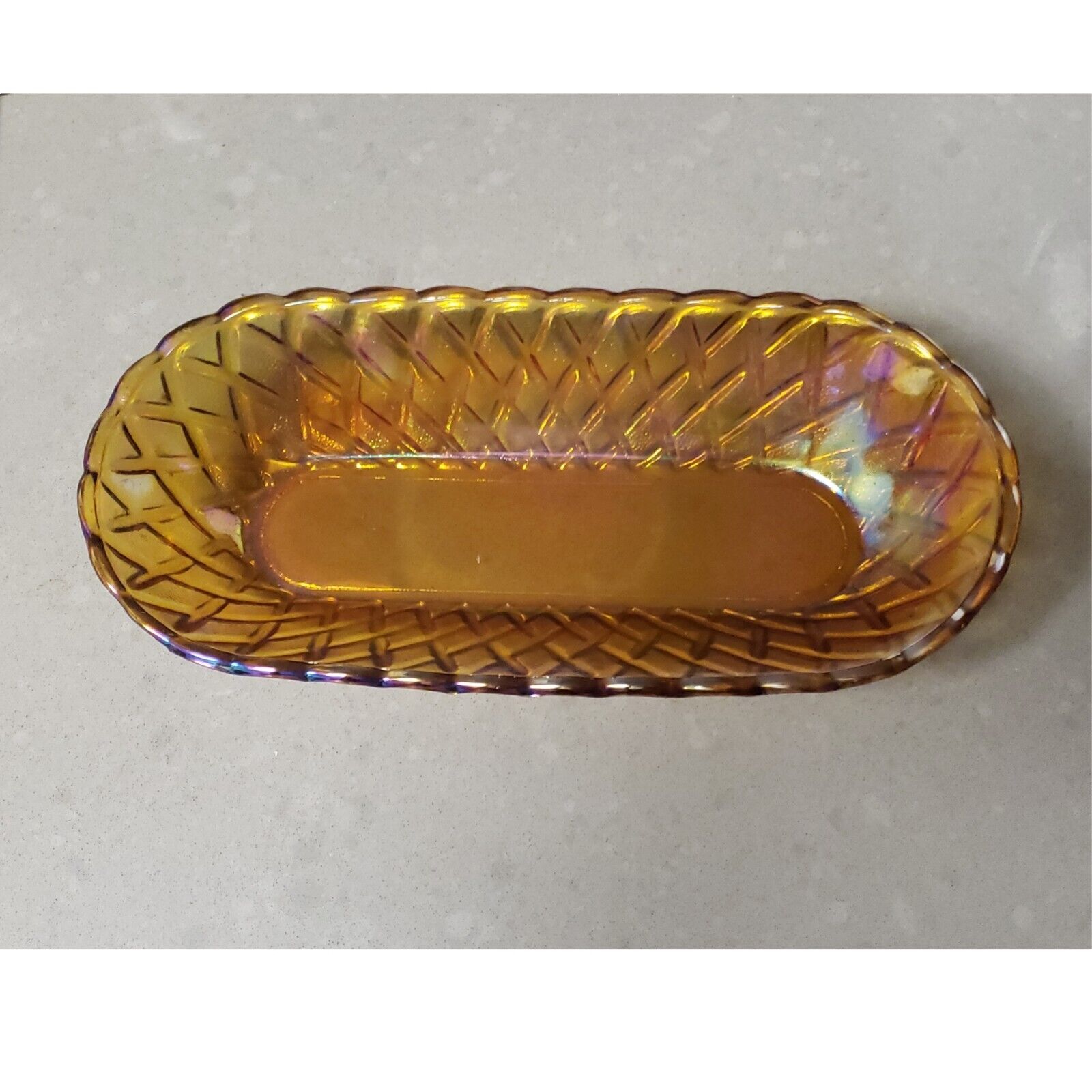 Vintage Marigold Iridescent Basket Weave Carnival Glass Bread Cracker Dish