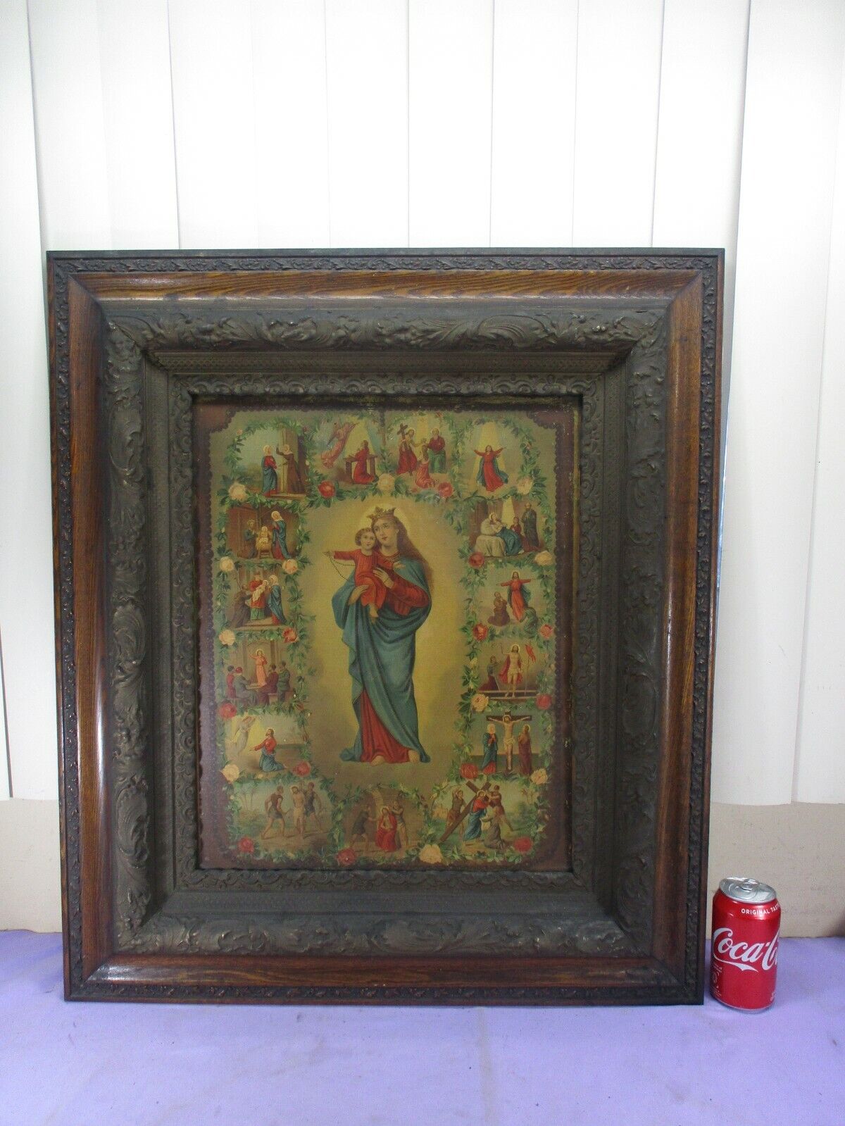 Antique 19th Century Ornate Wood Plaster Gilt Frame Lady of Rosary 30\