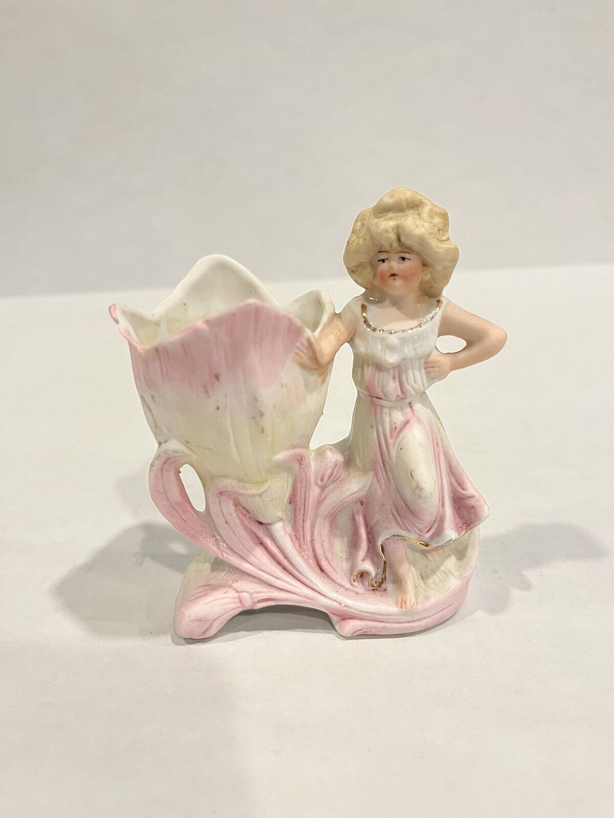 Vintage Art Nouveau Bisque Lady Vase Pink Flower