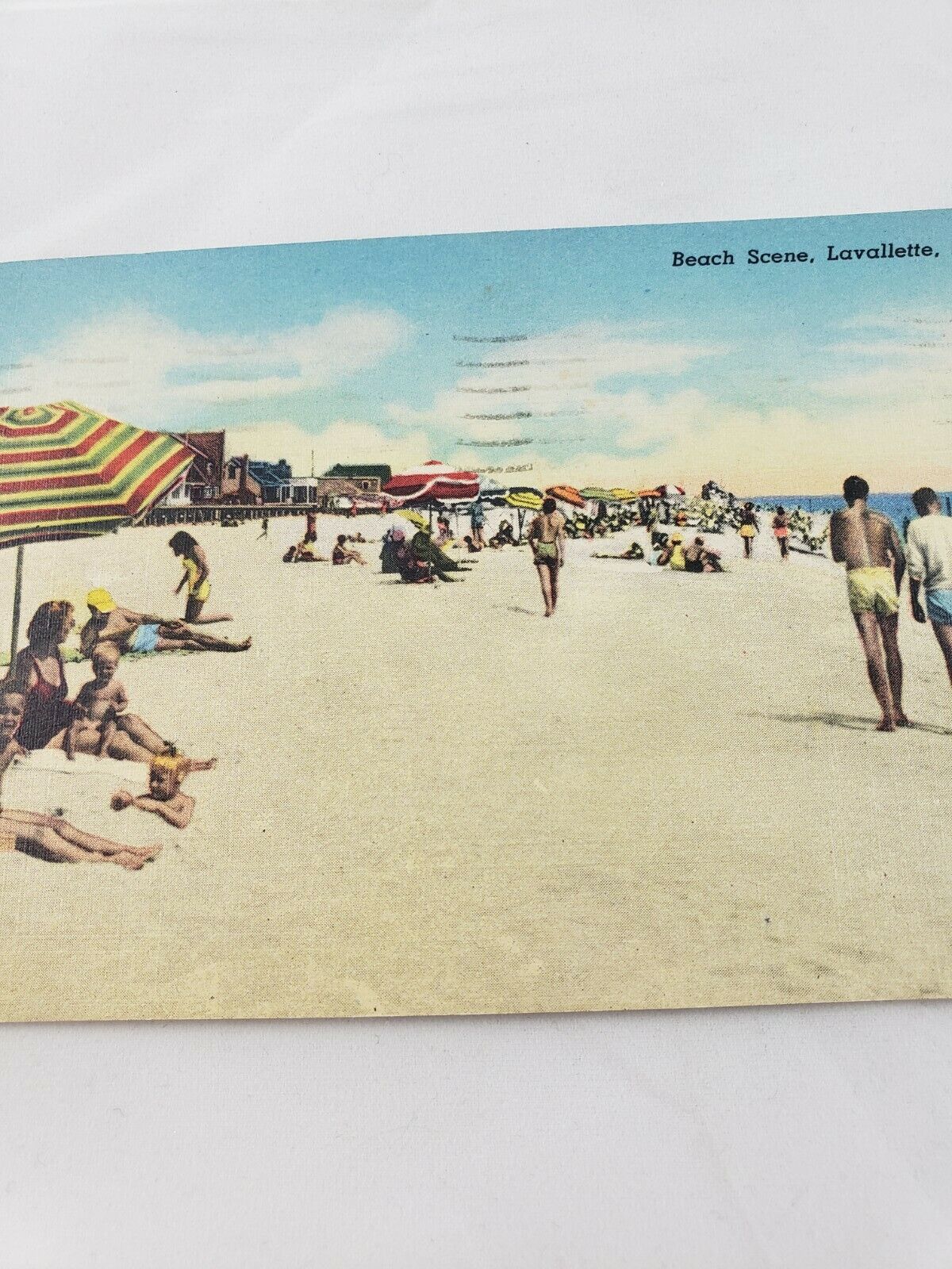 C 1954 People Beach Scene Lavallette NJ Washington 1 Cent Pair Stamps Postcard