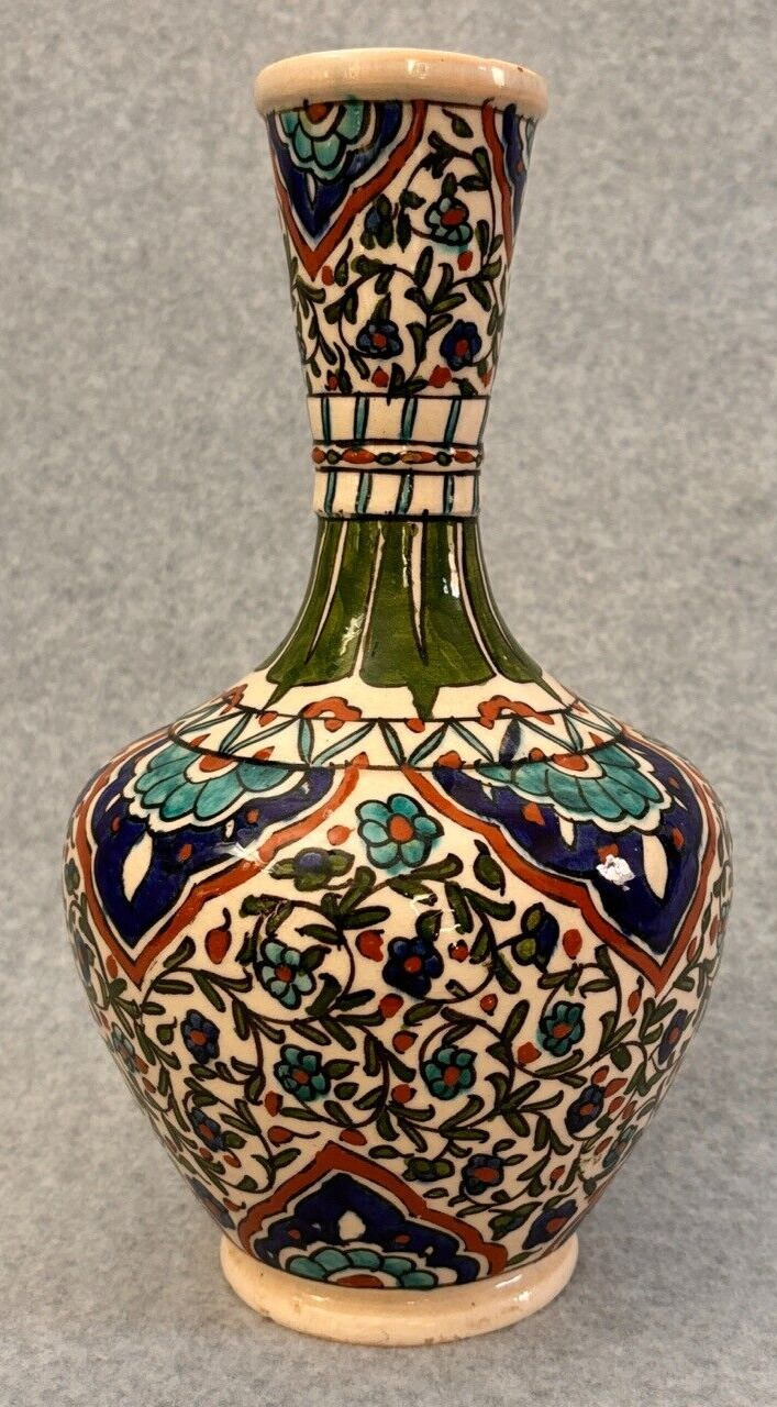 Antique Turkish Kutahya Vase Iznik Traditional Design Hand Painted Pottery - 12