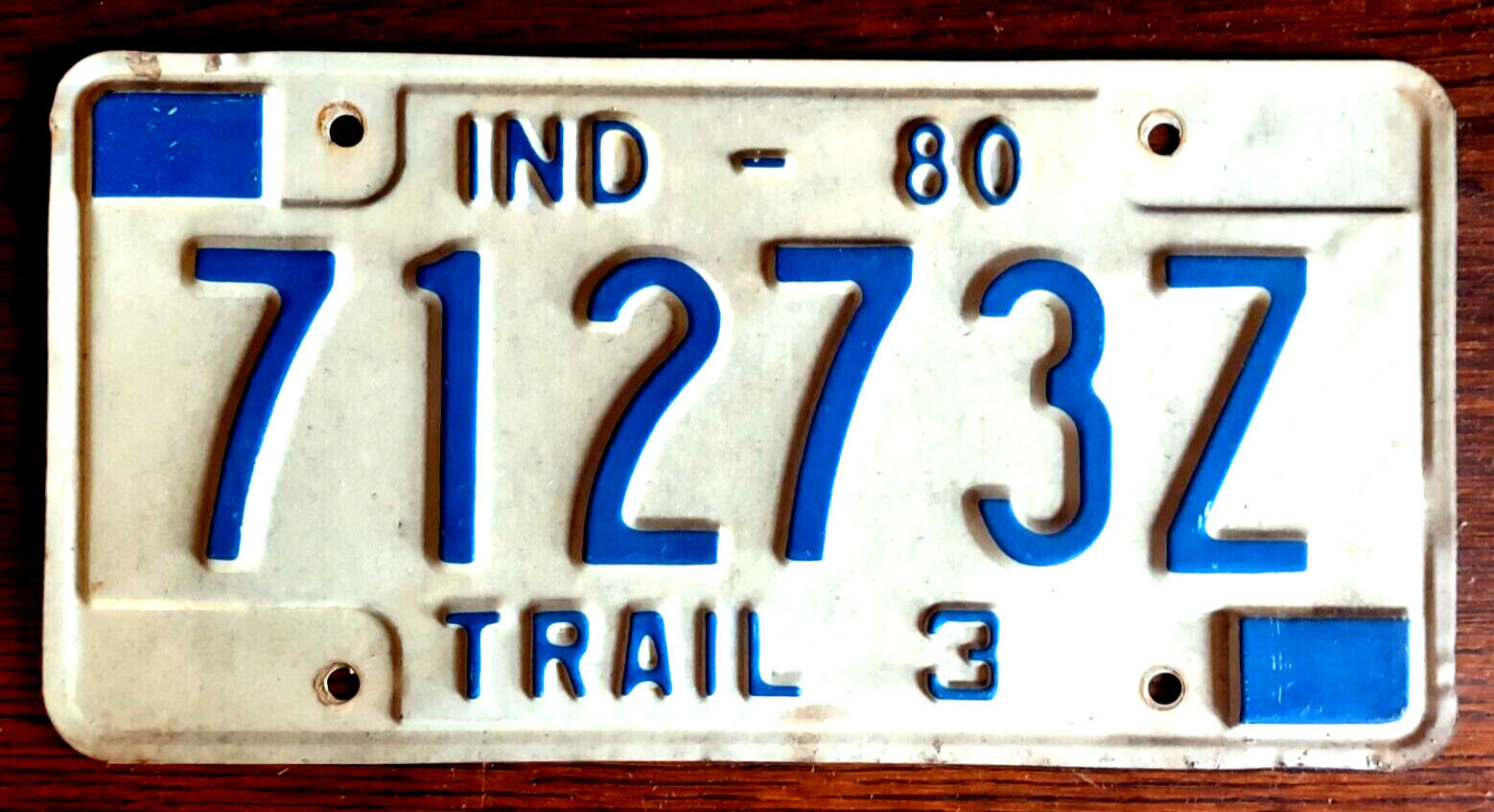 Indiana 1980 Blue on White Metal Expire License Plate Tag 71273Z Trail 3 Trailer