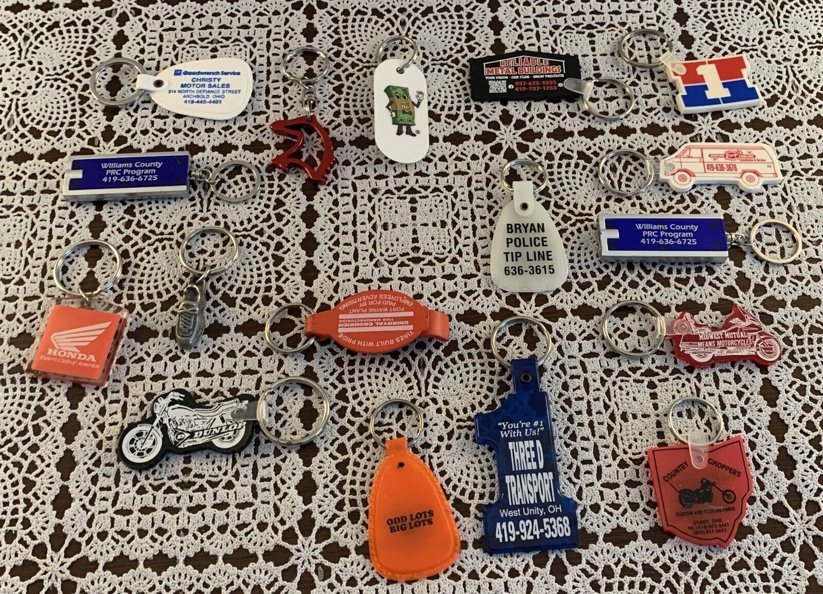 17 Assorted Advertising Keychains Motorcycles Honda Dunlop Uniroyal Odd Lots