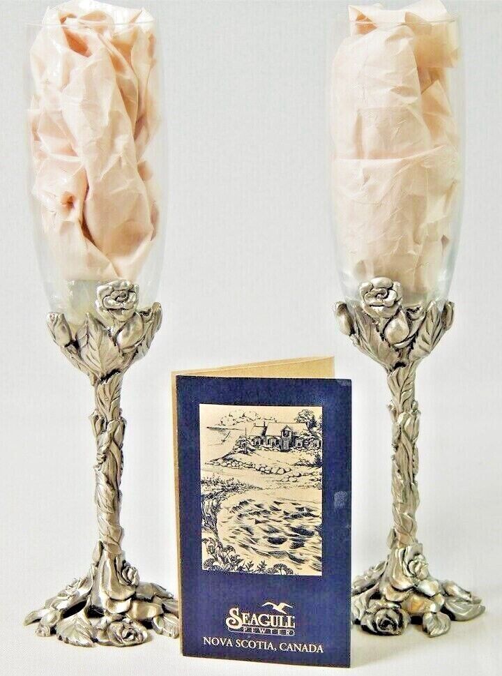 Seagull Fine Pewter Champagne Flutes Pair Roses Design, Vintage