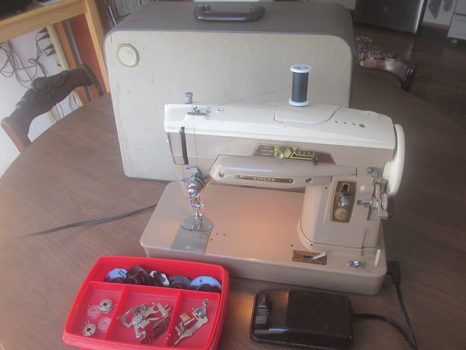 Singer Sewing Machine 403A with Pedal, Case, and Accessories
