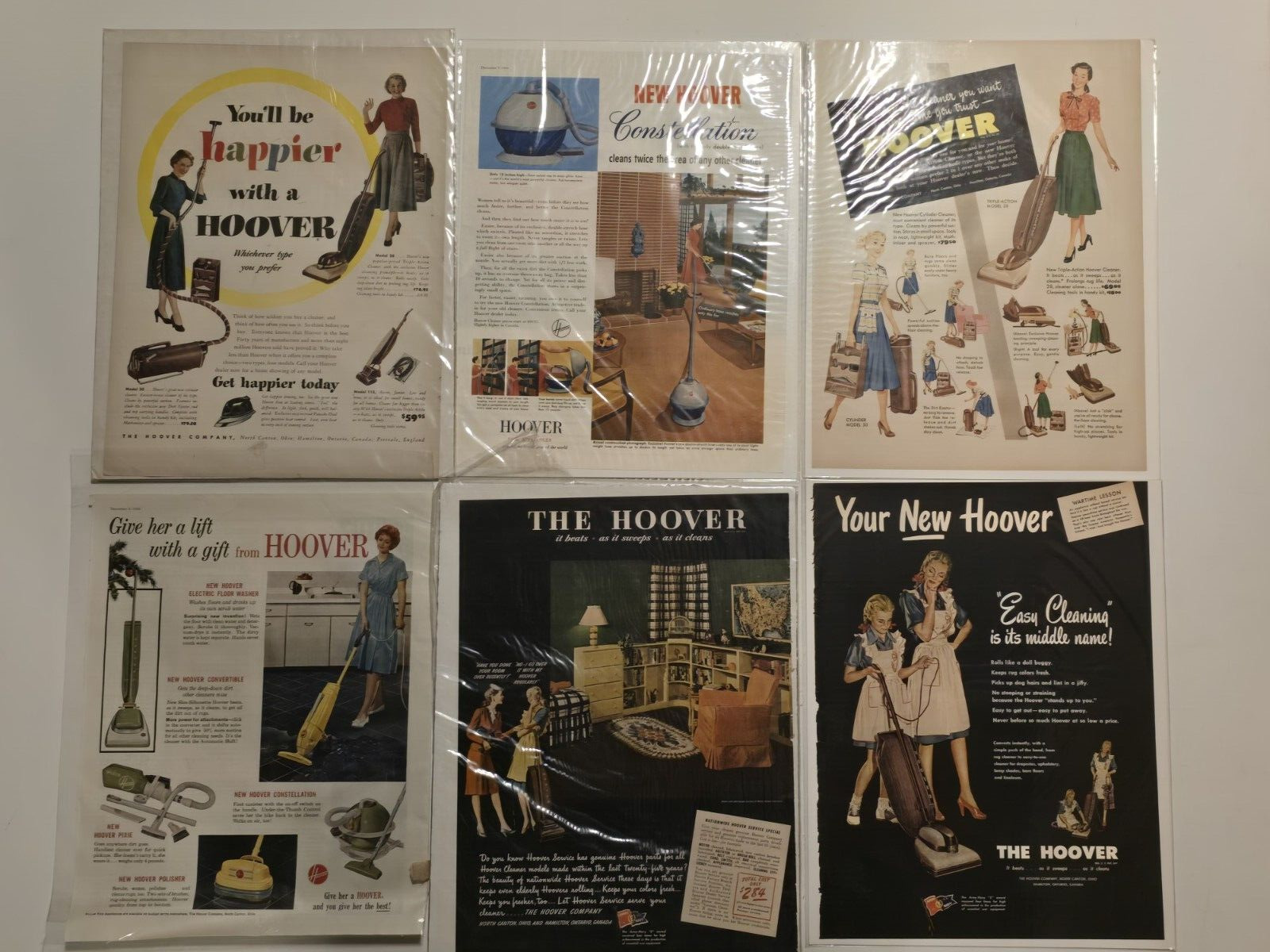 HOOVER**6 LOT**VACUUM-1940's 1950's Vintage Print Ads-Approx 14x10 inches-VTG