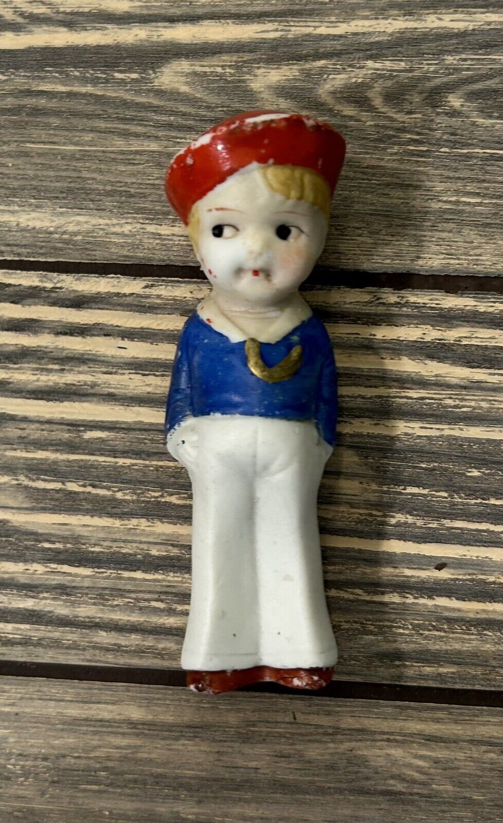 Vintage Bisque Boy With Blue Shirt White Pants Red Hat Figure 4”