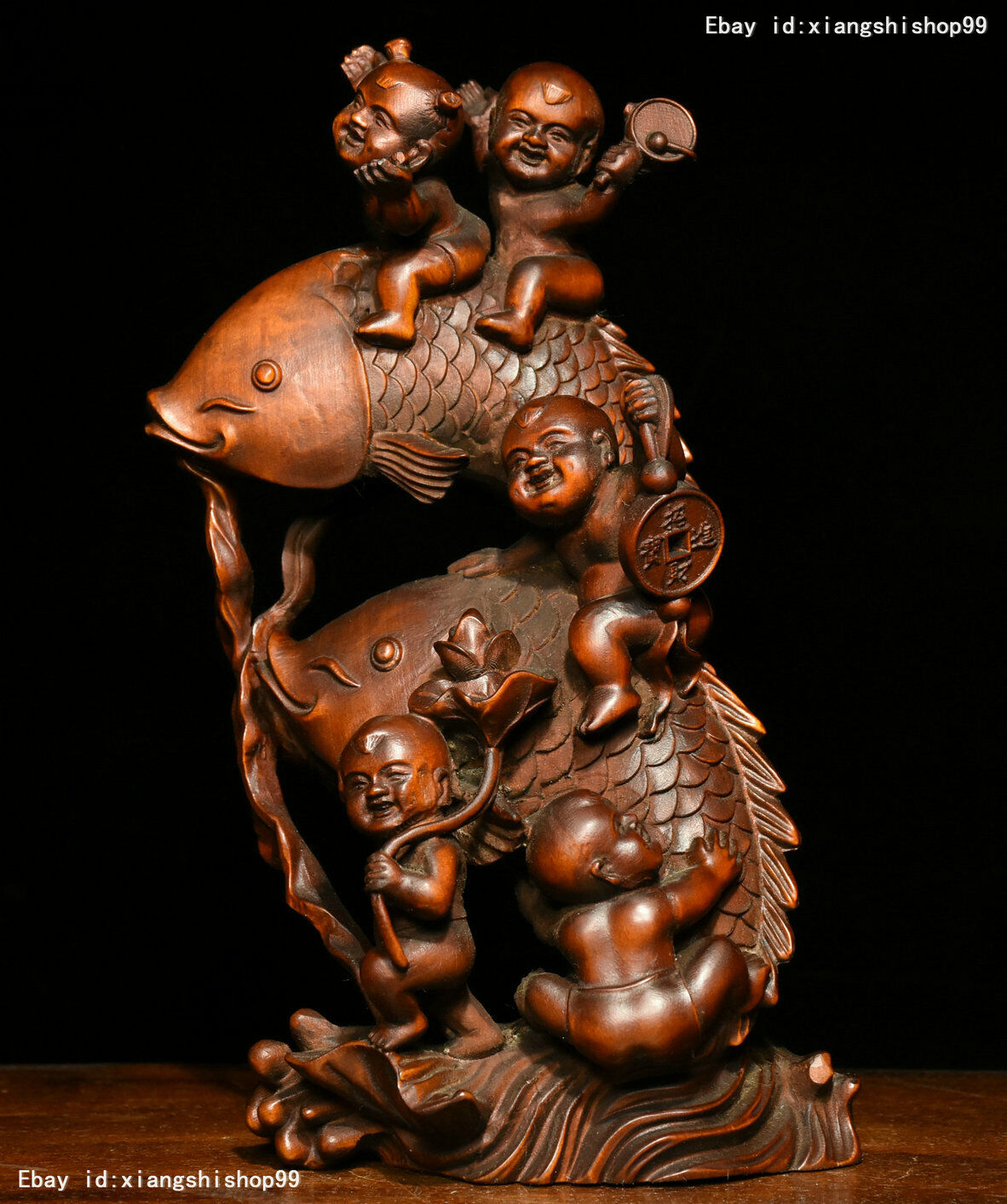 Chinese Folk Feng Shui Boxwood wood Carving Boy Tong Zi fish lucky animal Statue