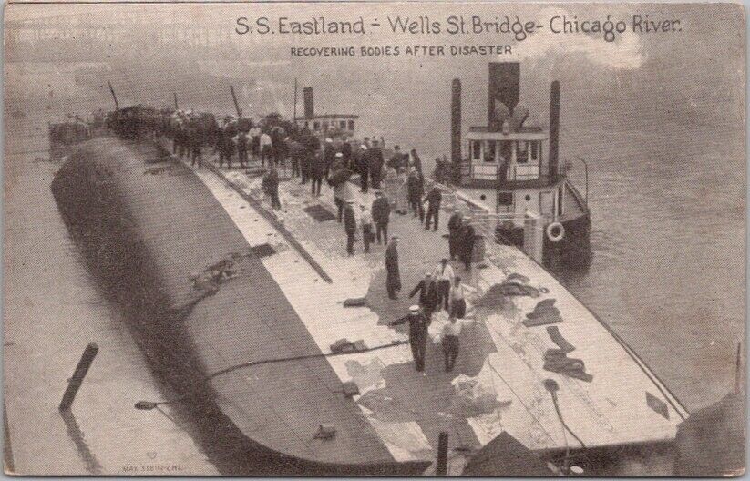 c1910s S.S. EASTLAND Great Lakes Ship Postcard Wells Street Bridge Chicago River