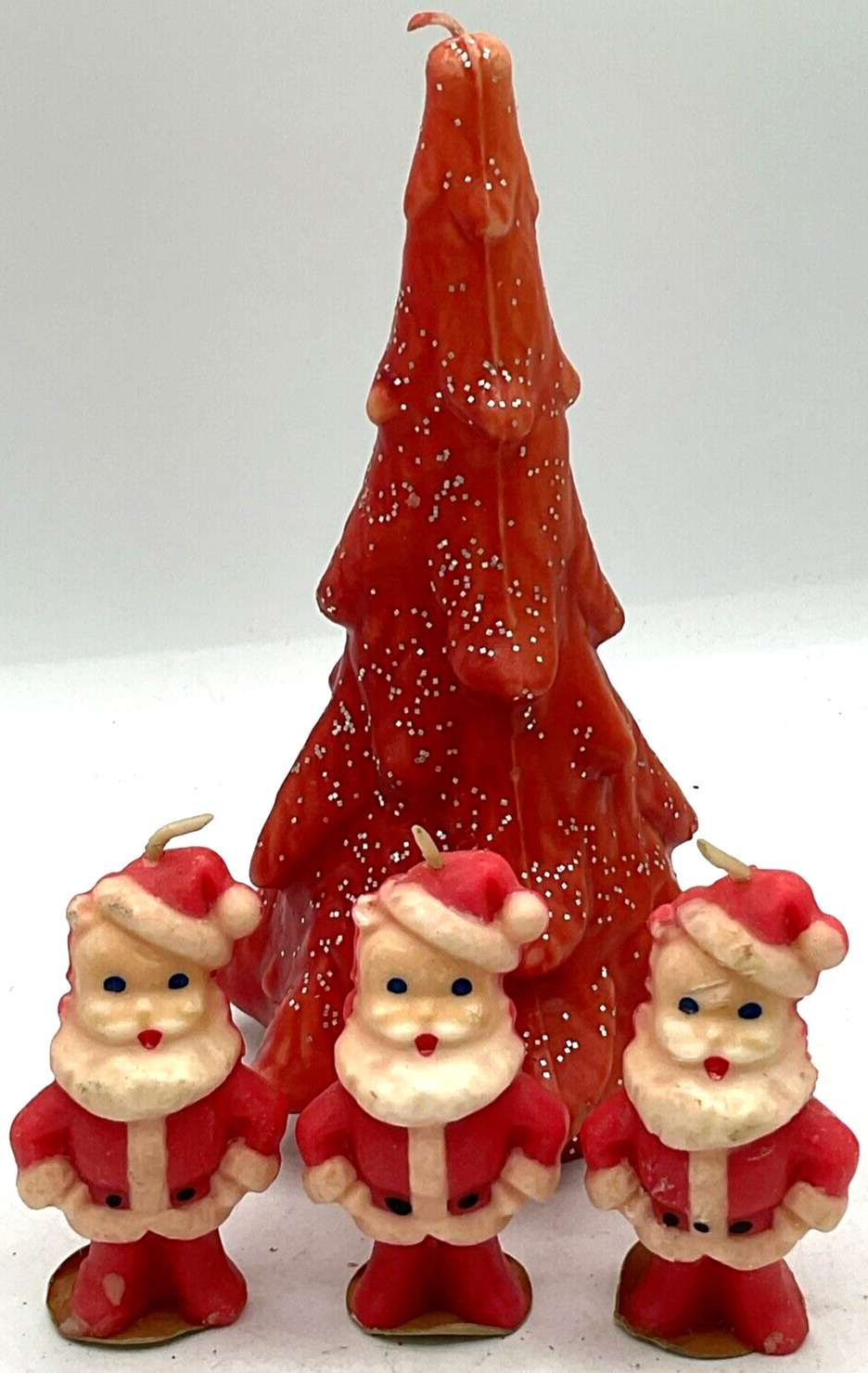 Four Vintage Gurley Christmas Candles Red Glitter Tree 3 Small Santa Claus