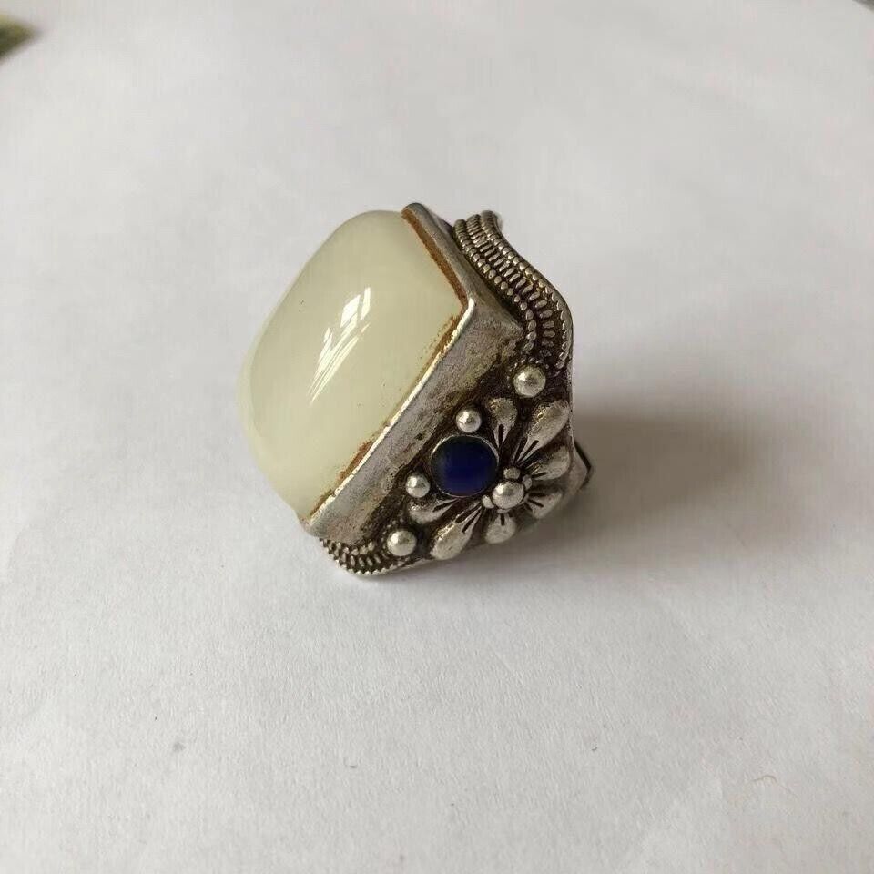 Vintage Chinese Miao Silver Inlay Mutton-fat Jade Ring