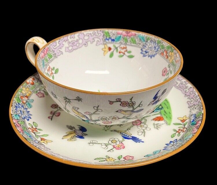 VINTAGE MINTONS ENGLAND BIRDS FLORAL TEA CUP AND SAUCER