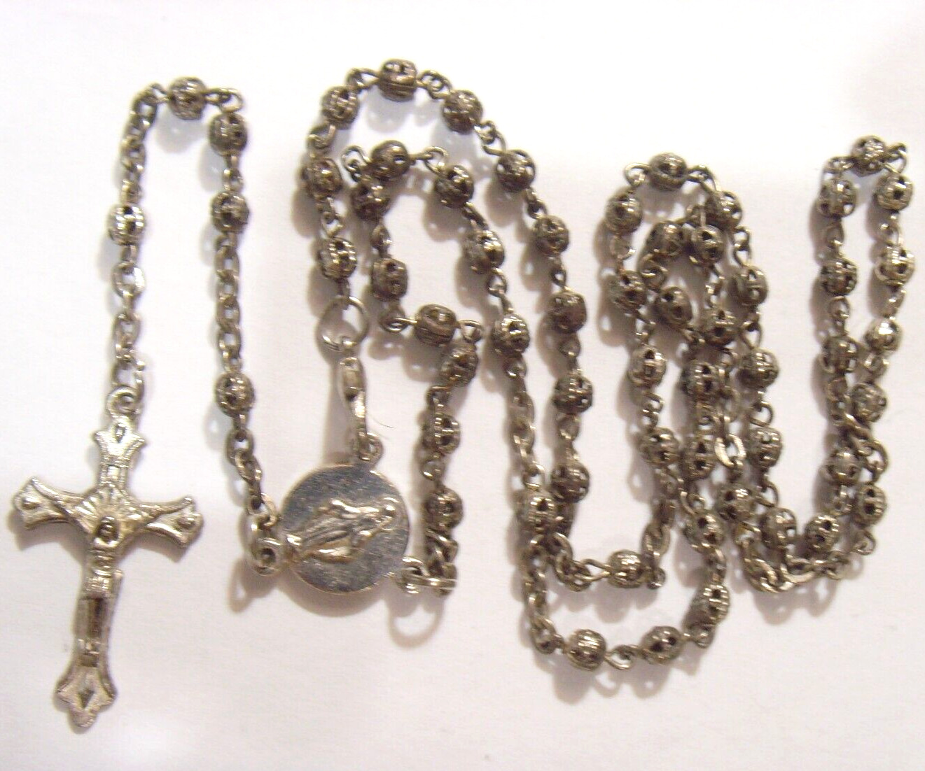 antique Scarce silver filigree micro 4mm beads religious catholic rosary FC1258