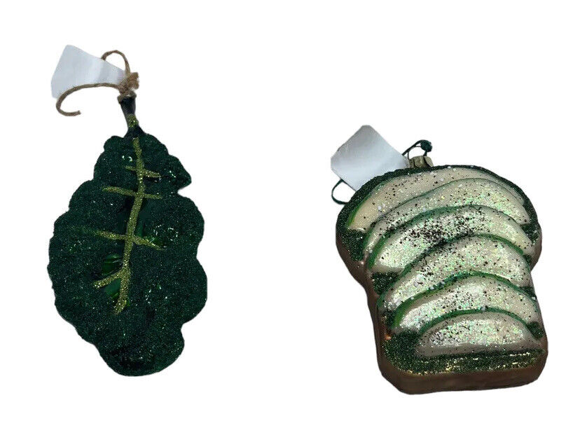 2 Nature Vegan Christmas Ornaments Blown Glass Kale Avocado Toast Mercury Glass