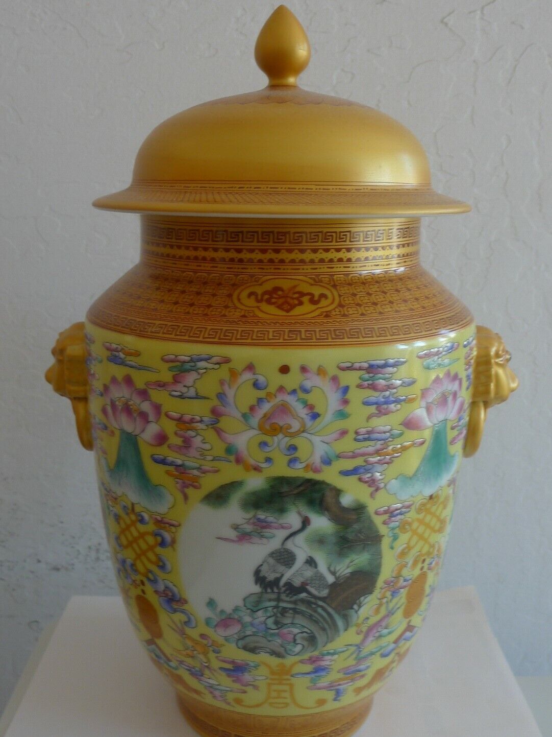 Golden Yellow Color Flower & Bird Porcelain Ginger Jar Vase 14\