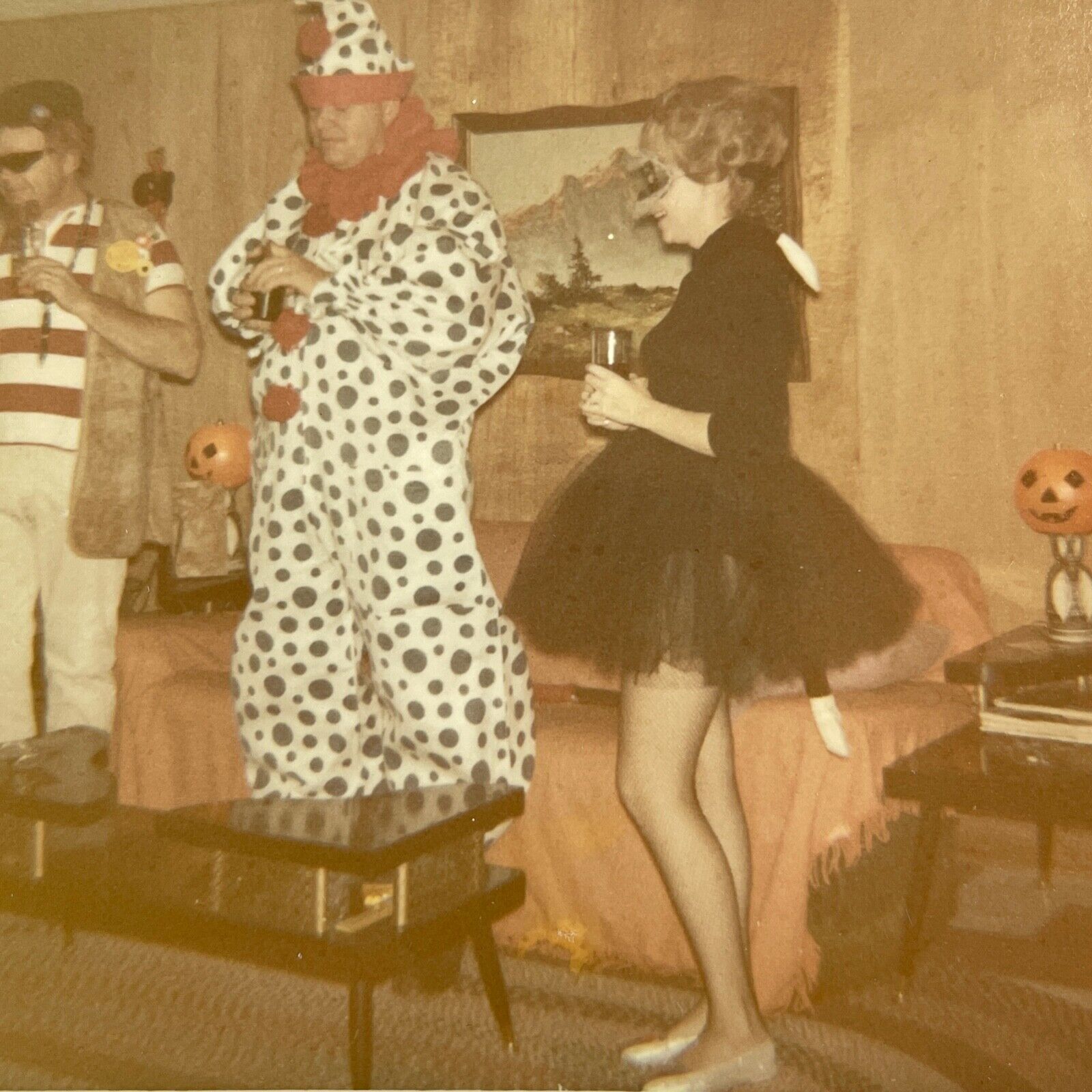 S9 Photograph 1960-70's Halloween Costume Party Clown Pretty Woman Legs Sexy