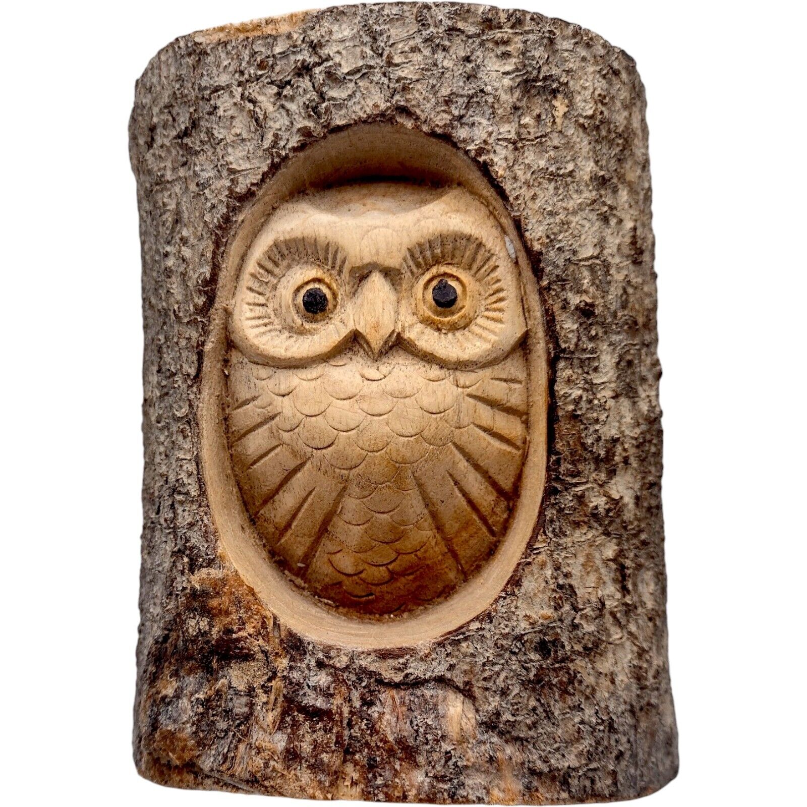 Hand Carved Owl In Split Wood Log Wall Hanging Shelf Figurine 5” Rustic Artisan