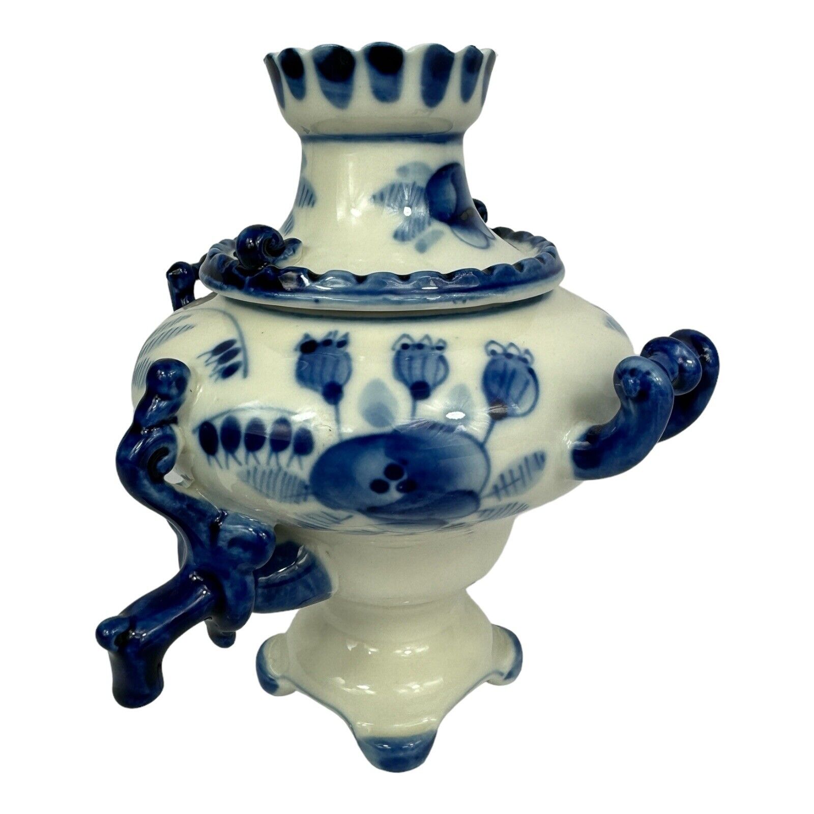 Vintage Russian Gzhel Porcelain Souvenir Samovar  Hand Painted 6 Inches Tall