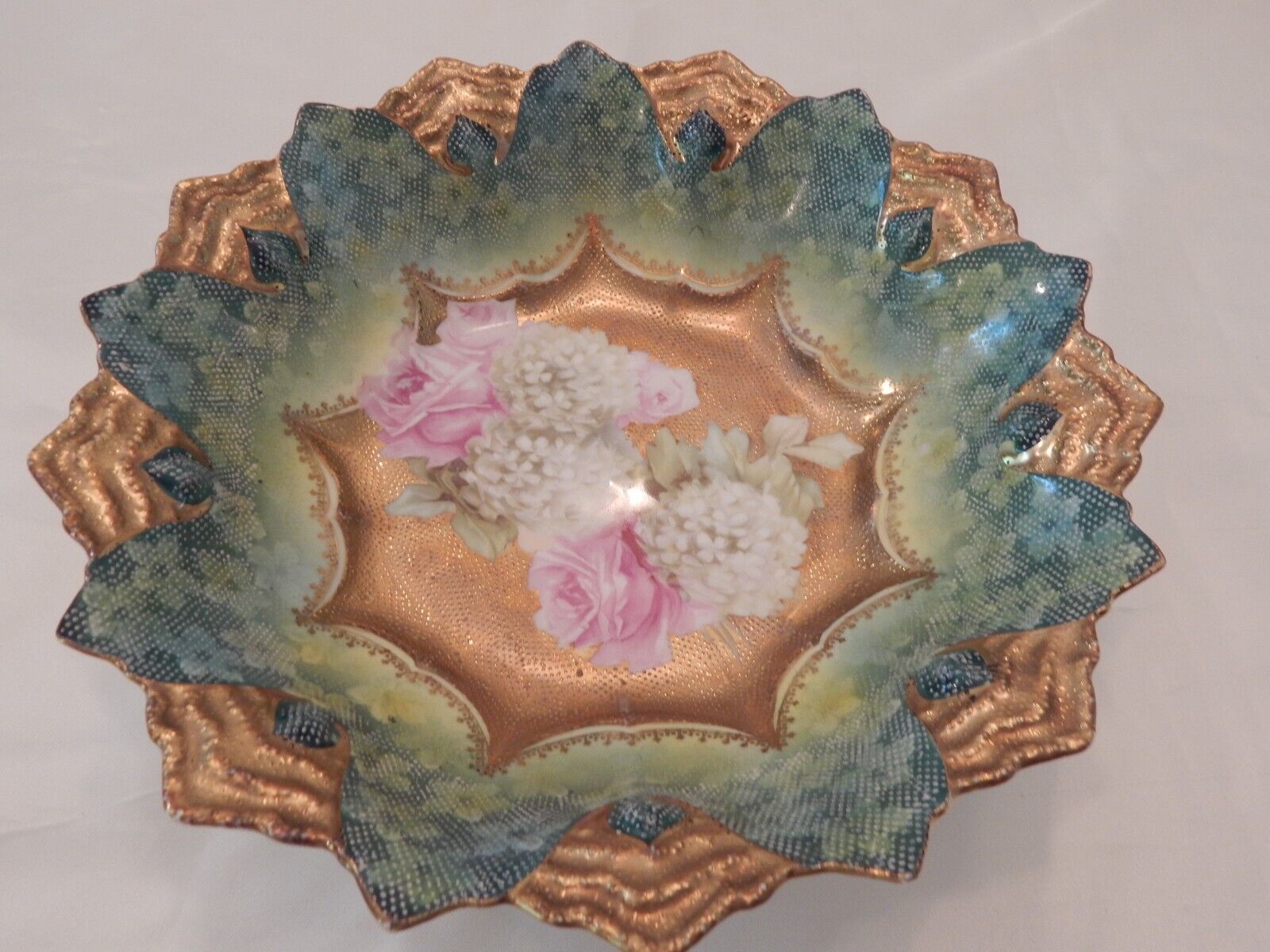 Vintage Scalloped Textured German Floral Bowl Trimmed in Gold