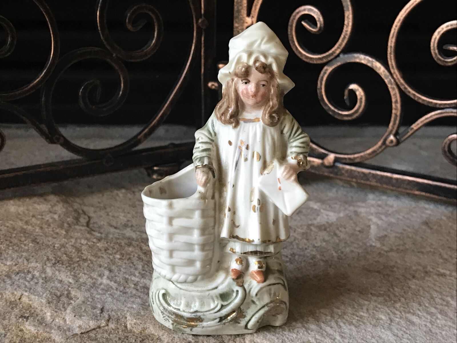 Antique Toothpick Holder Porcelain 19th Century European Figure Girl And Basket