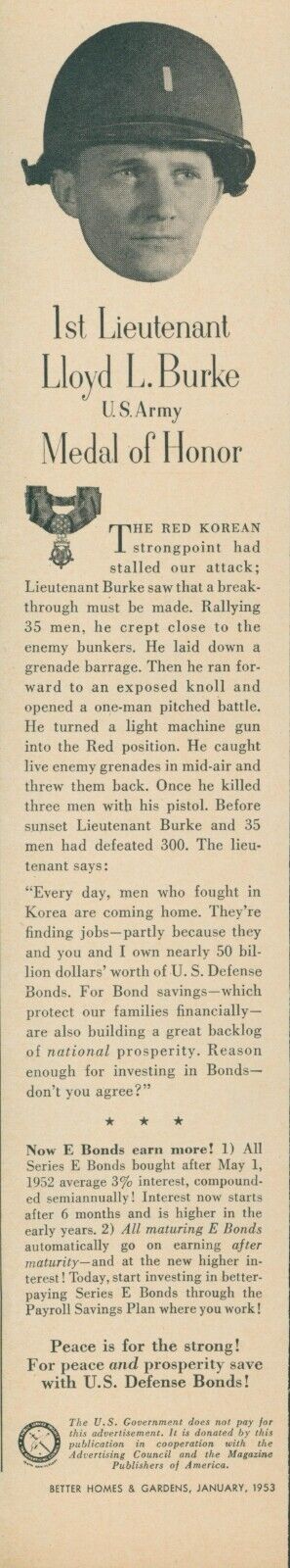 1953 US Defense Bonds 1st Lieutenant Lloyd Burke US Army Vintage Print Ad BH2