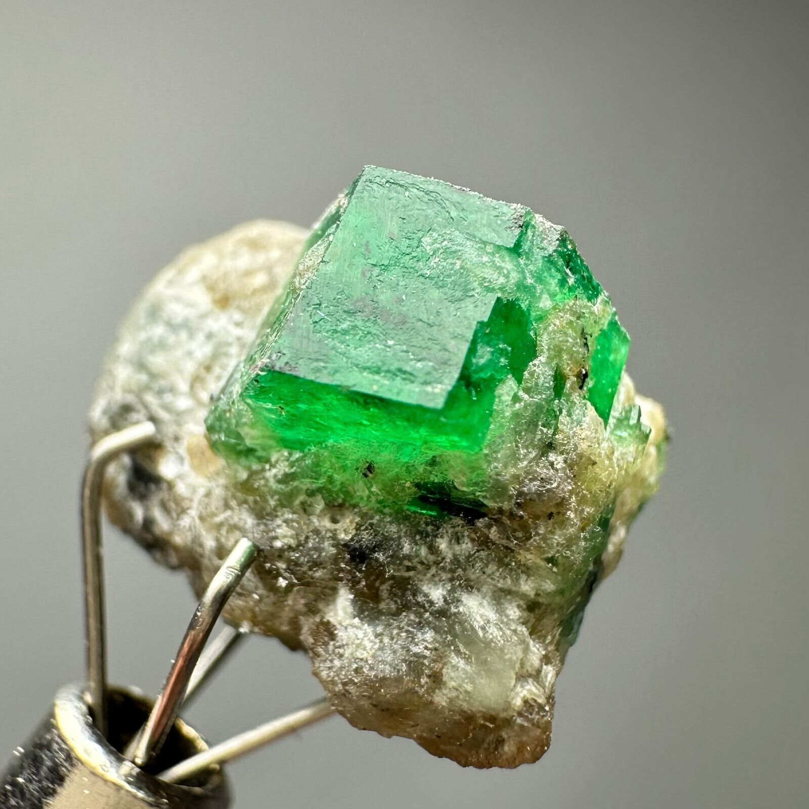 9 CT. Unusual Top green transparent Swat Emerald crystals on matrix.
