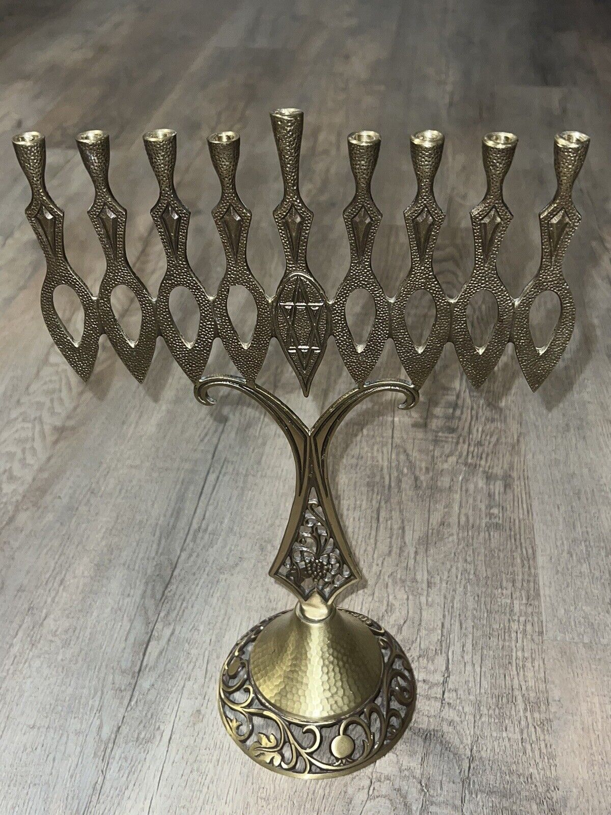 Vtg Judaica Large Old Jewish Brass Menorah w Eilat Stone,Hanukkah Made In Israel