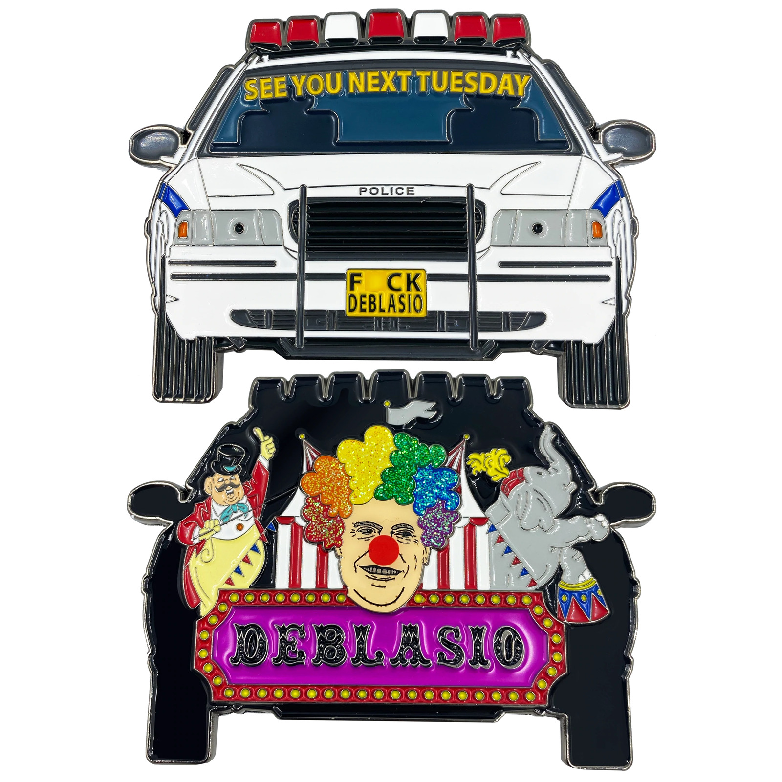 DL11-02 Mayor Bill DeBlasio Clown Car Circus Challenge Coin NYPD Police Thin Blu
