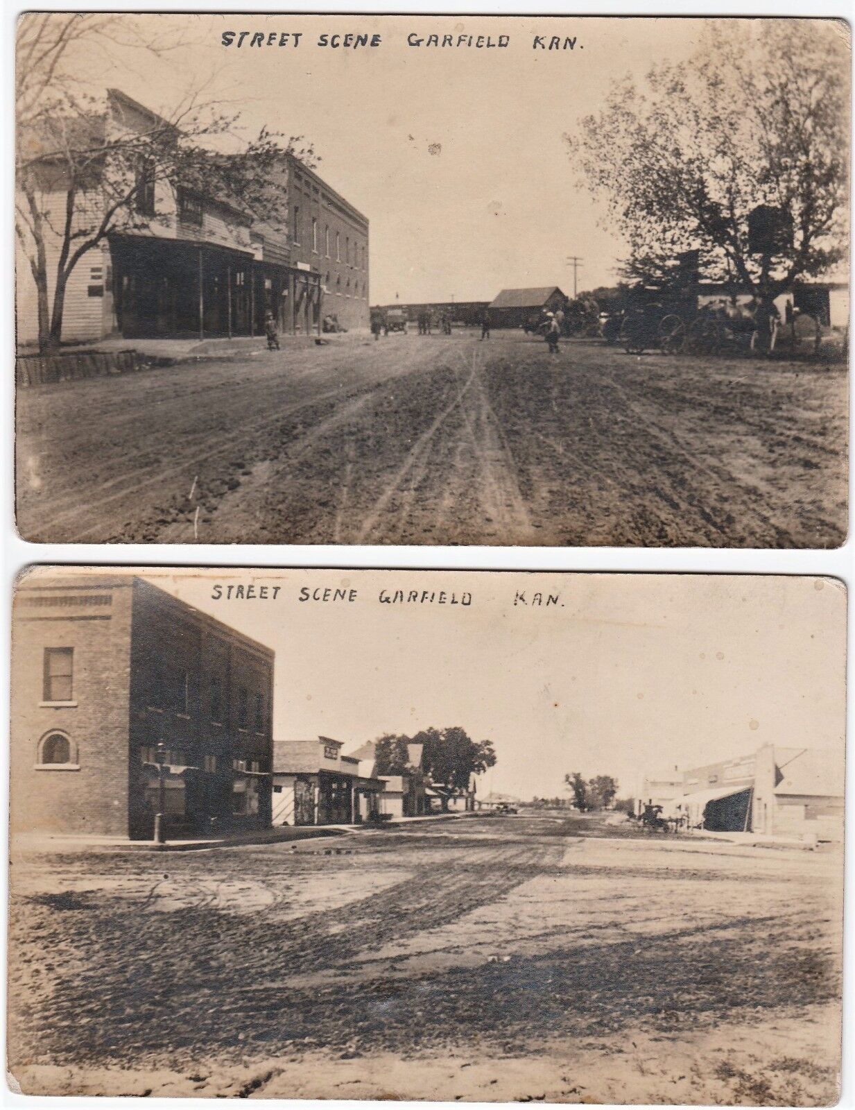 RARE 2 Real Photos - Street Scenes - Garfield Kansas KS - ca 1908 RPPC Postcards