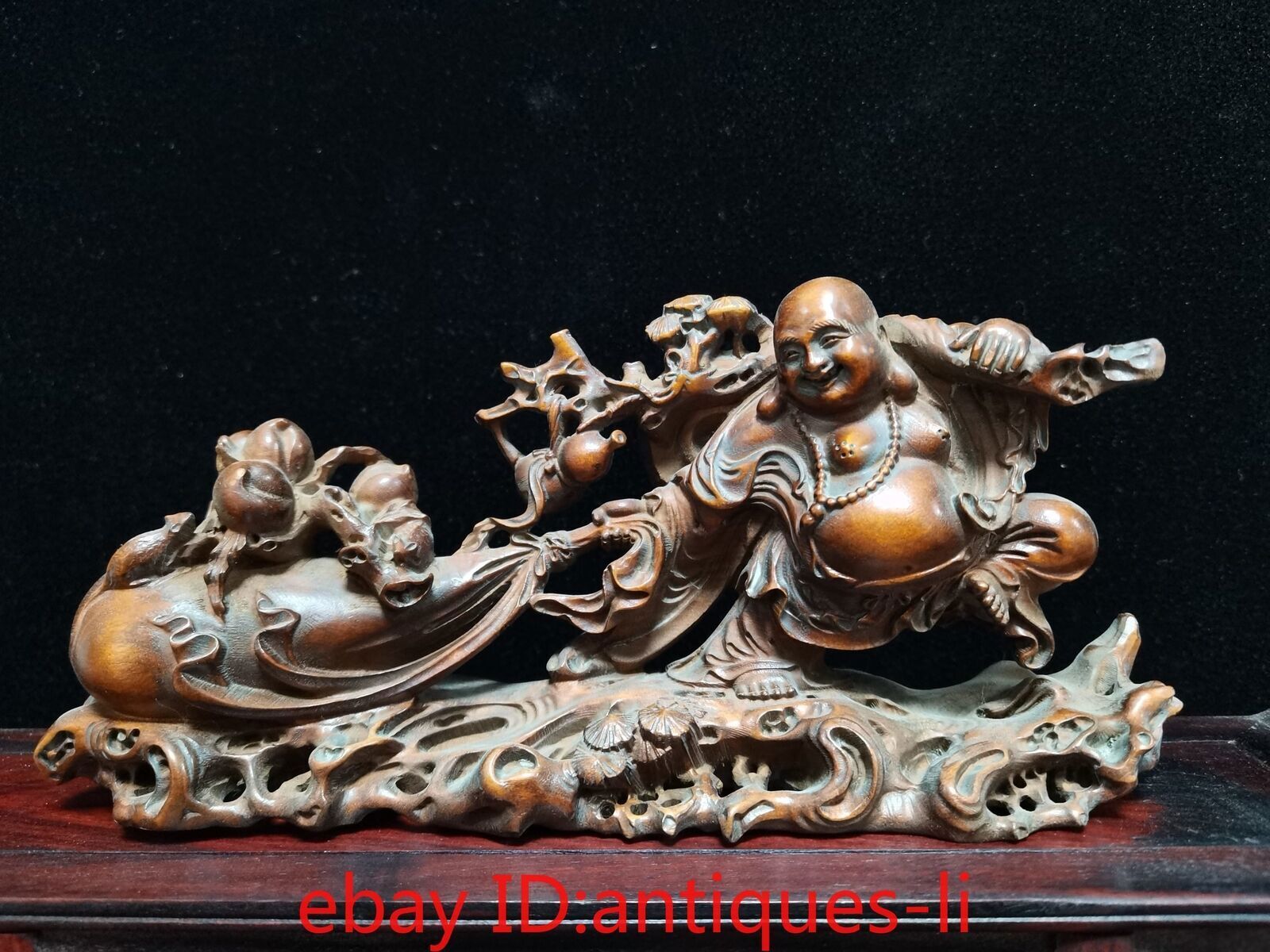 Chinese Antique Boxwood Hand-carved Peach Tortoise Maitreya Statue