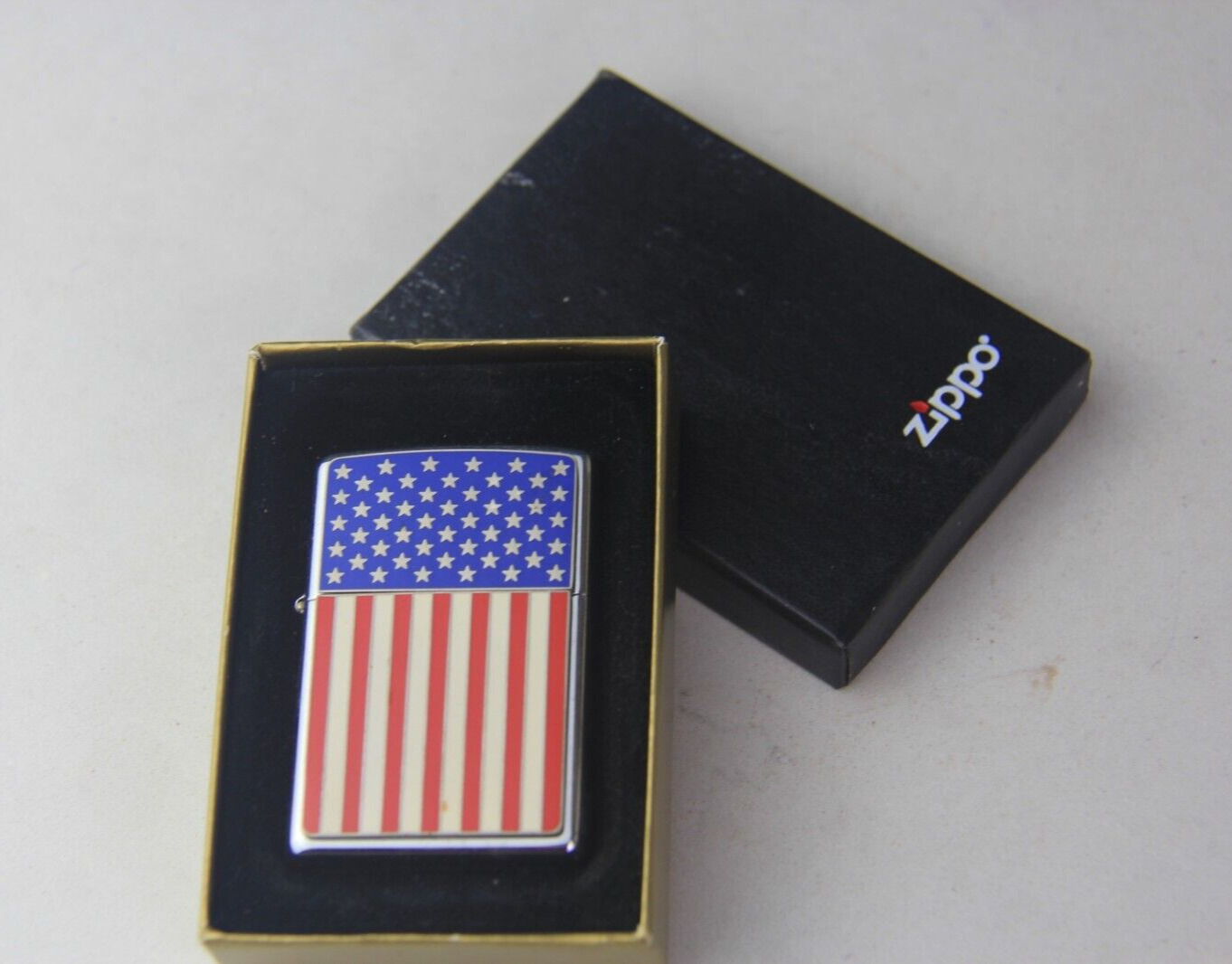 2002 Zippo USA Flag Chrome Lighter sealed w/ Original Box