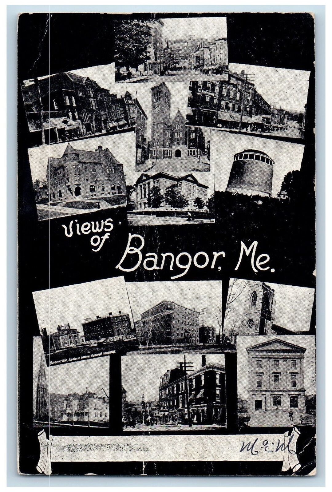 1906 Views Multiview Buildings Clock Tower Main Street Bangor Maine ME Postcard