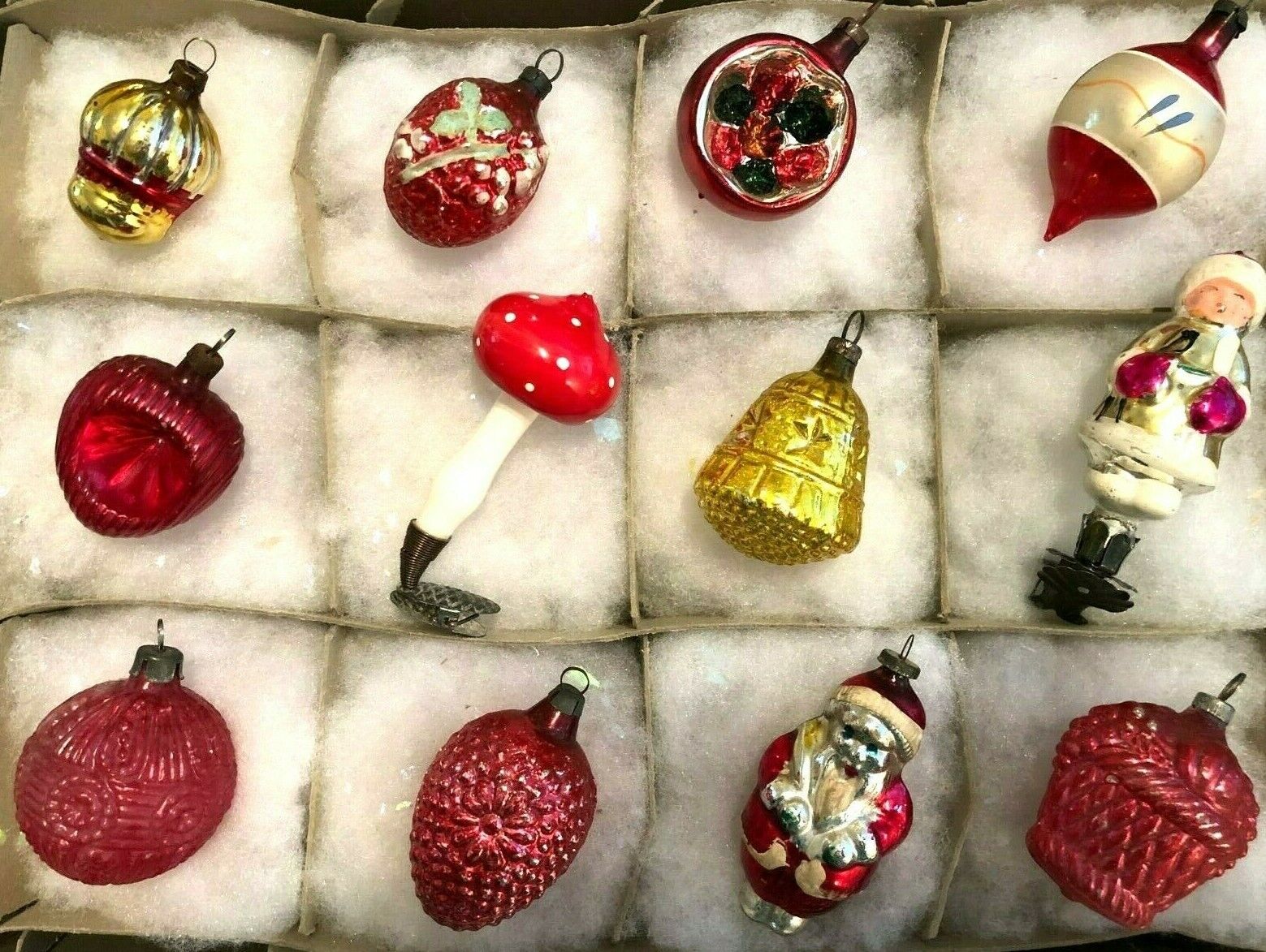 12 GERMAN 1930 Figural Feather Tree Xmas Ornaments Bell Clip-Ons Heart Santa