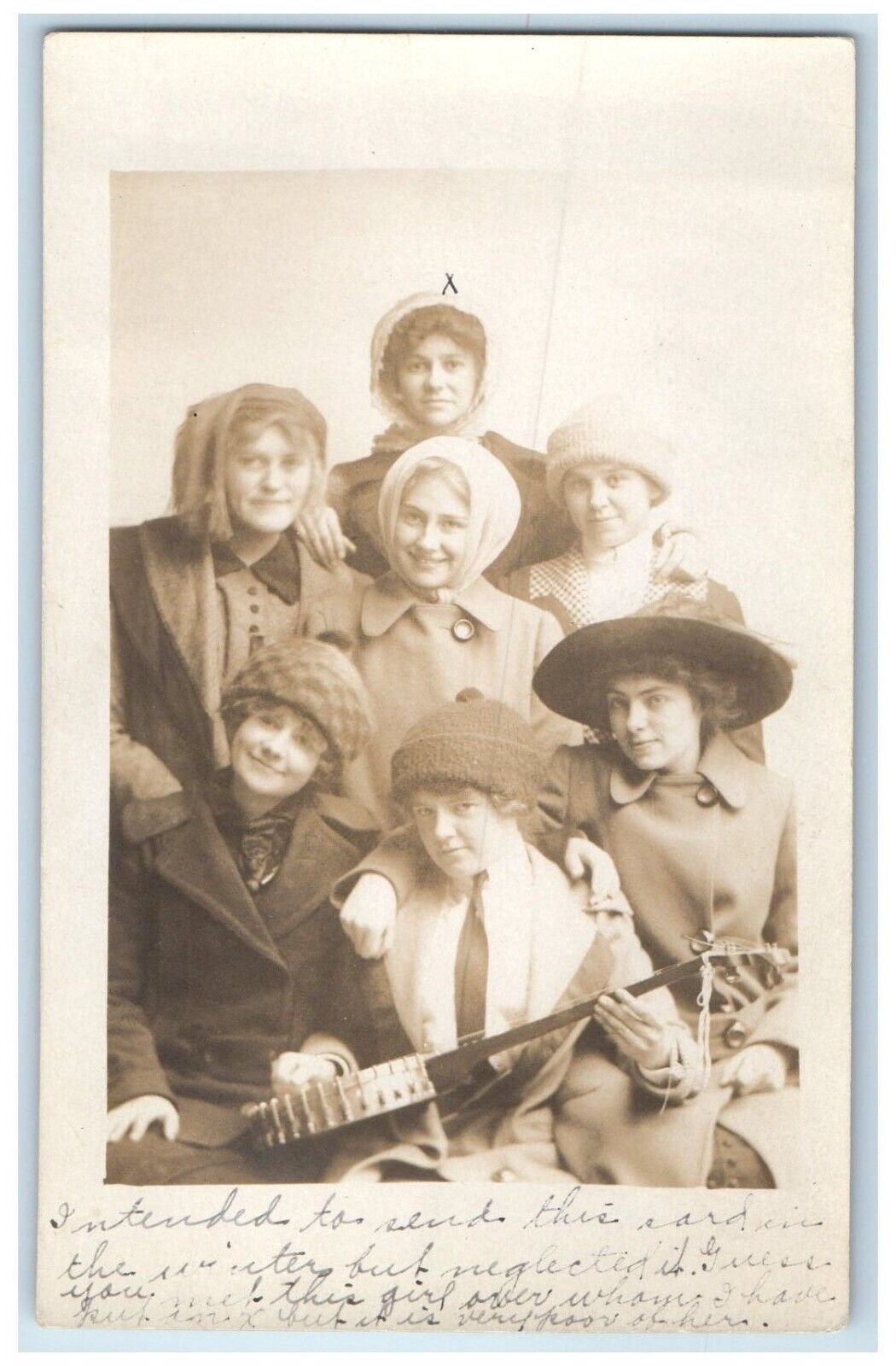 c1910's Pretty Girls Bonnet With Banjo RPPC Photo Posted Antique Postcard