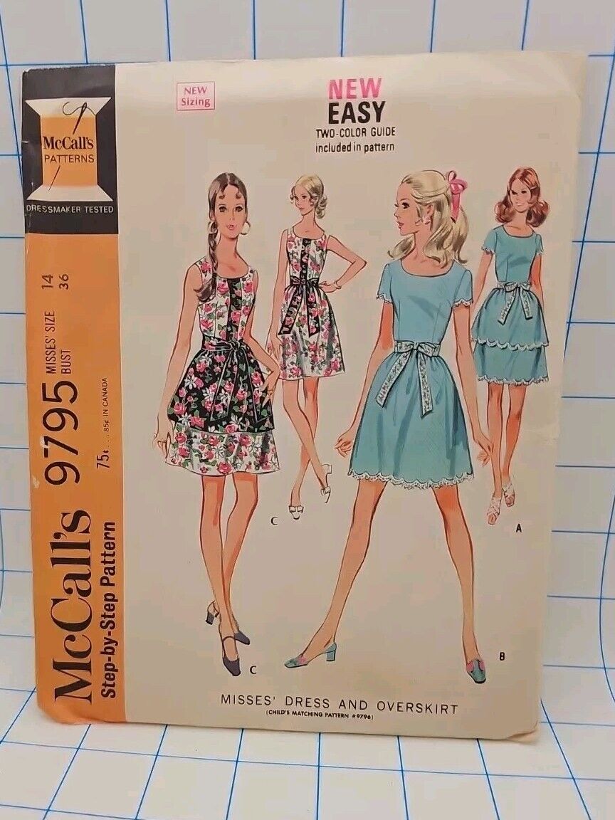 Vtg McCall's Sewing Pattern 9795 Misses Dress And Overskirt Size 14 36 Bust UC 