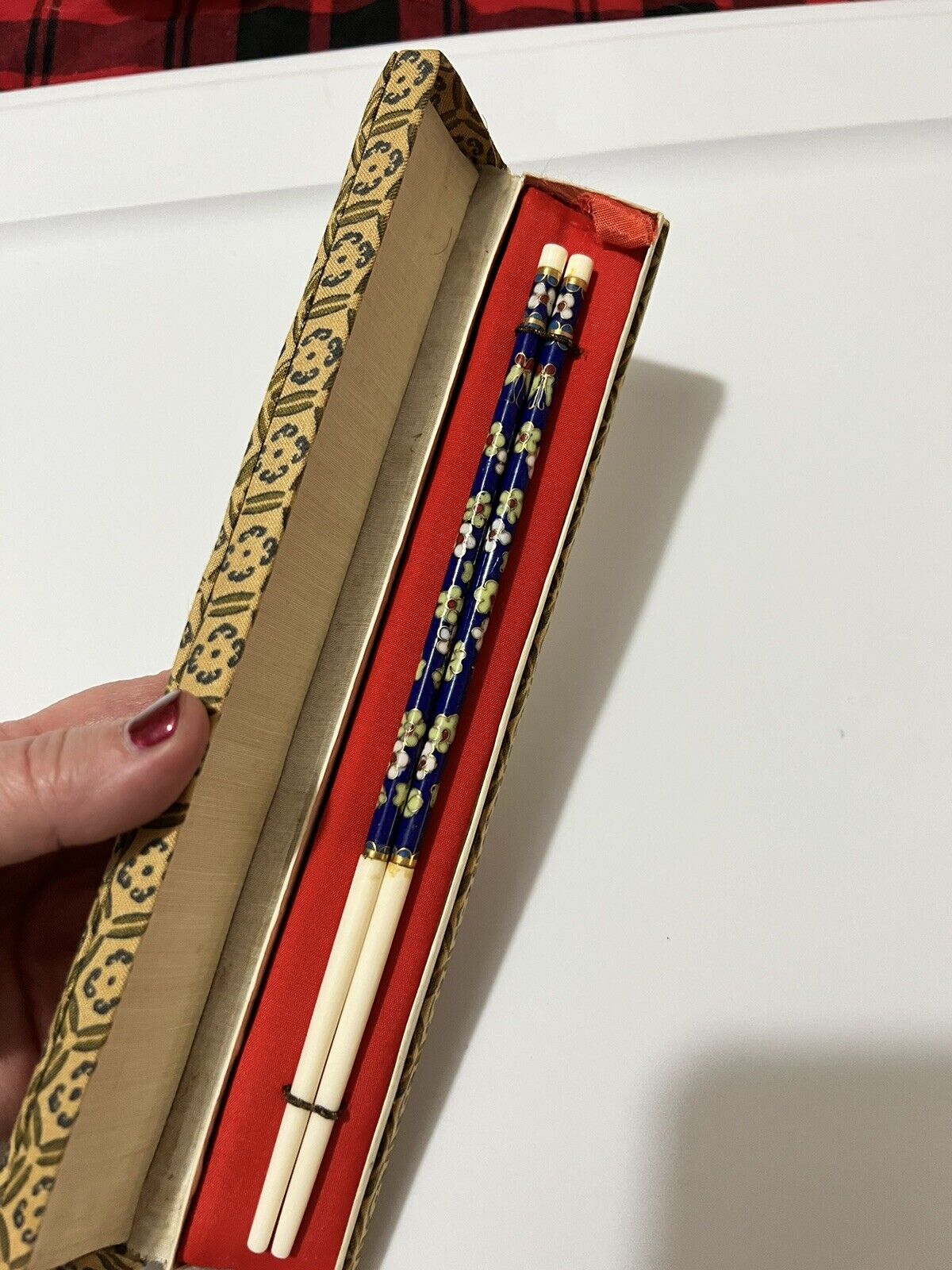 Vintage Cloisonné Set Of Chopsticks Enamel Bovine Bone Floral W/box