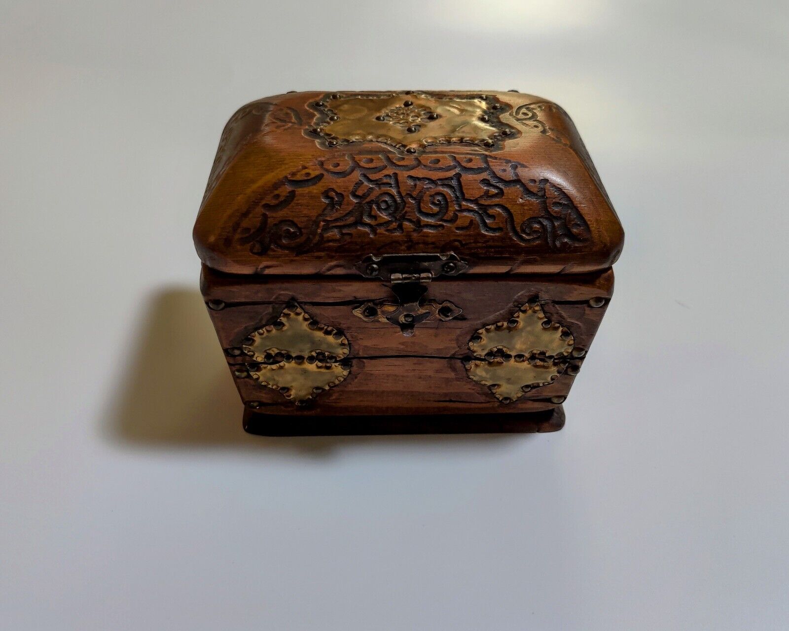 Antique Hand Carved Wooden Jewelry Casket W/ Brass Inlays Signed \