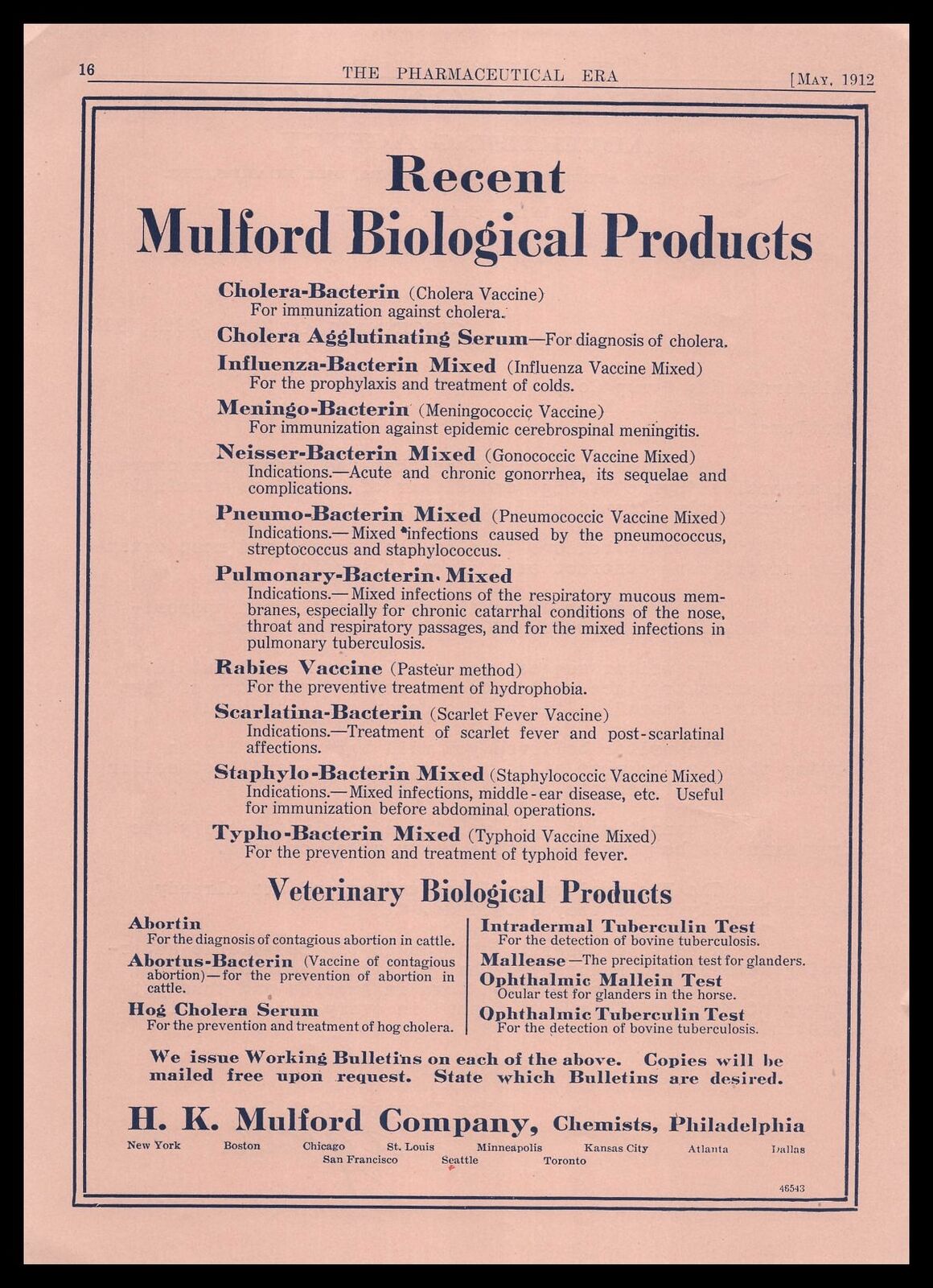 1912 H. K. Mulford Chemists Philadelphia PA Biological Products Vintage Print Ad