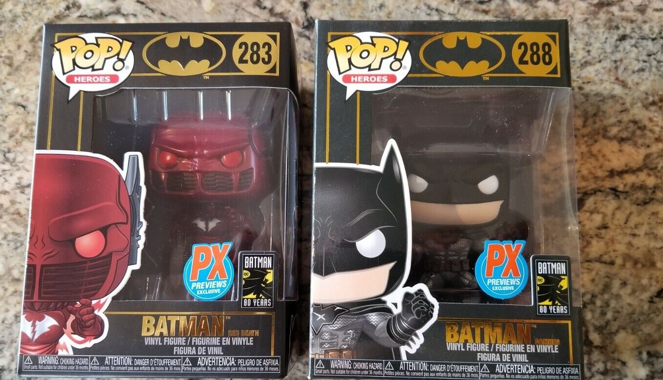 Funko Pops Batman 288 Dammed + Batman 283 Red Death Lot W/ Pop Protectors 