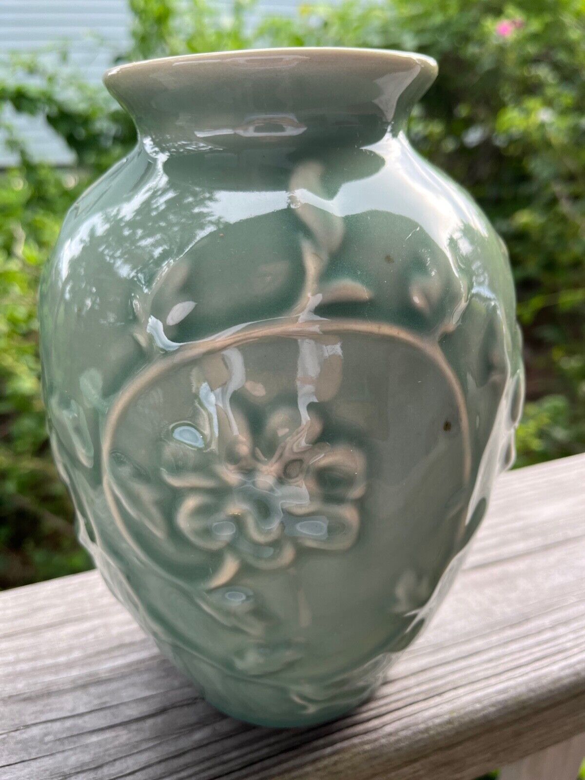 Lovely  Heavy VTG 1980s Asian Celadon Raised Relief Scrolling Floral Design Vase