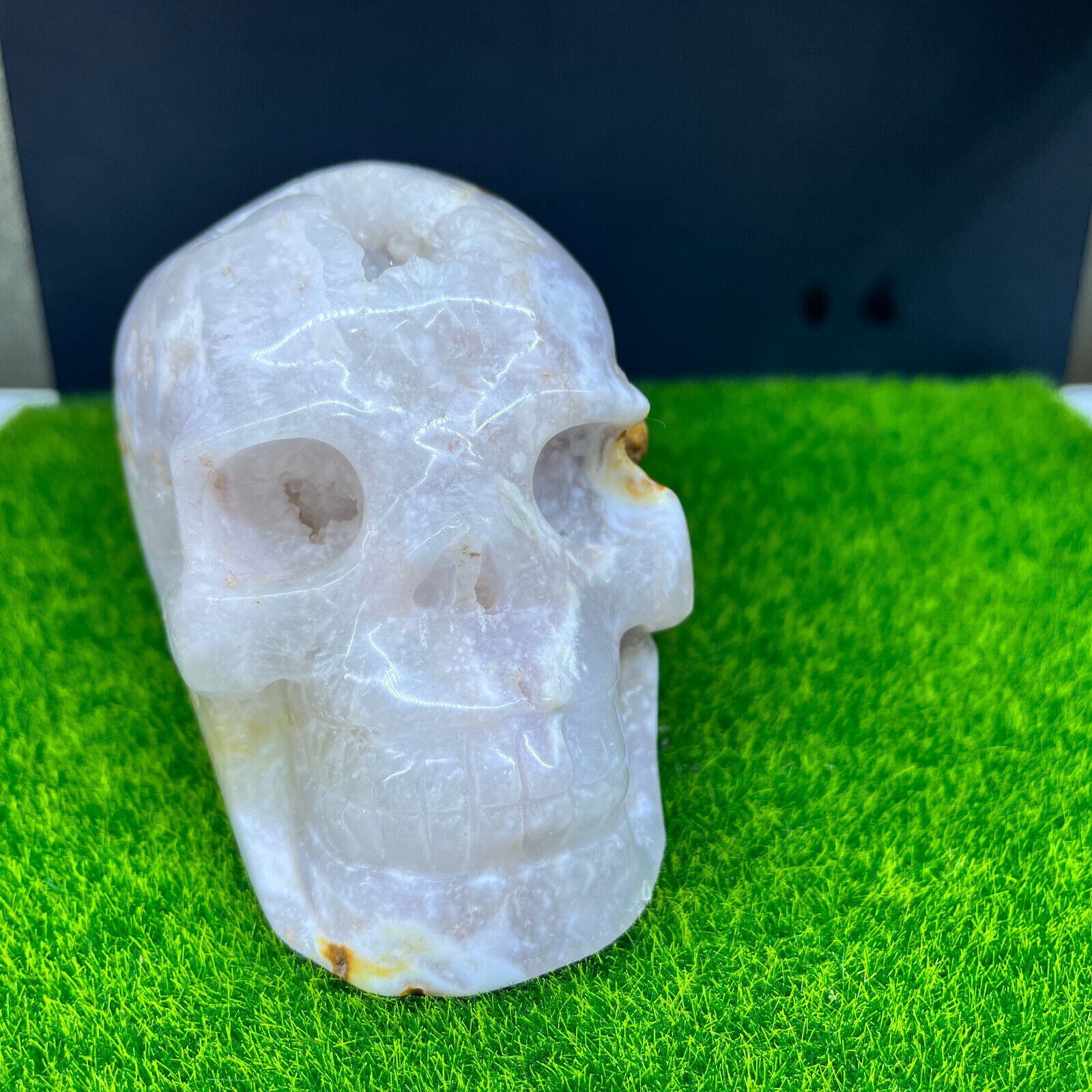 2.63lb Natural Geode Agate Quartz Carved Skull Crystal Reiki Healing Gem Decor