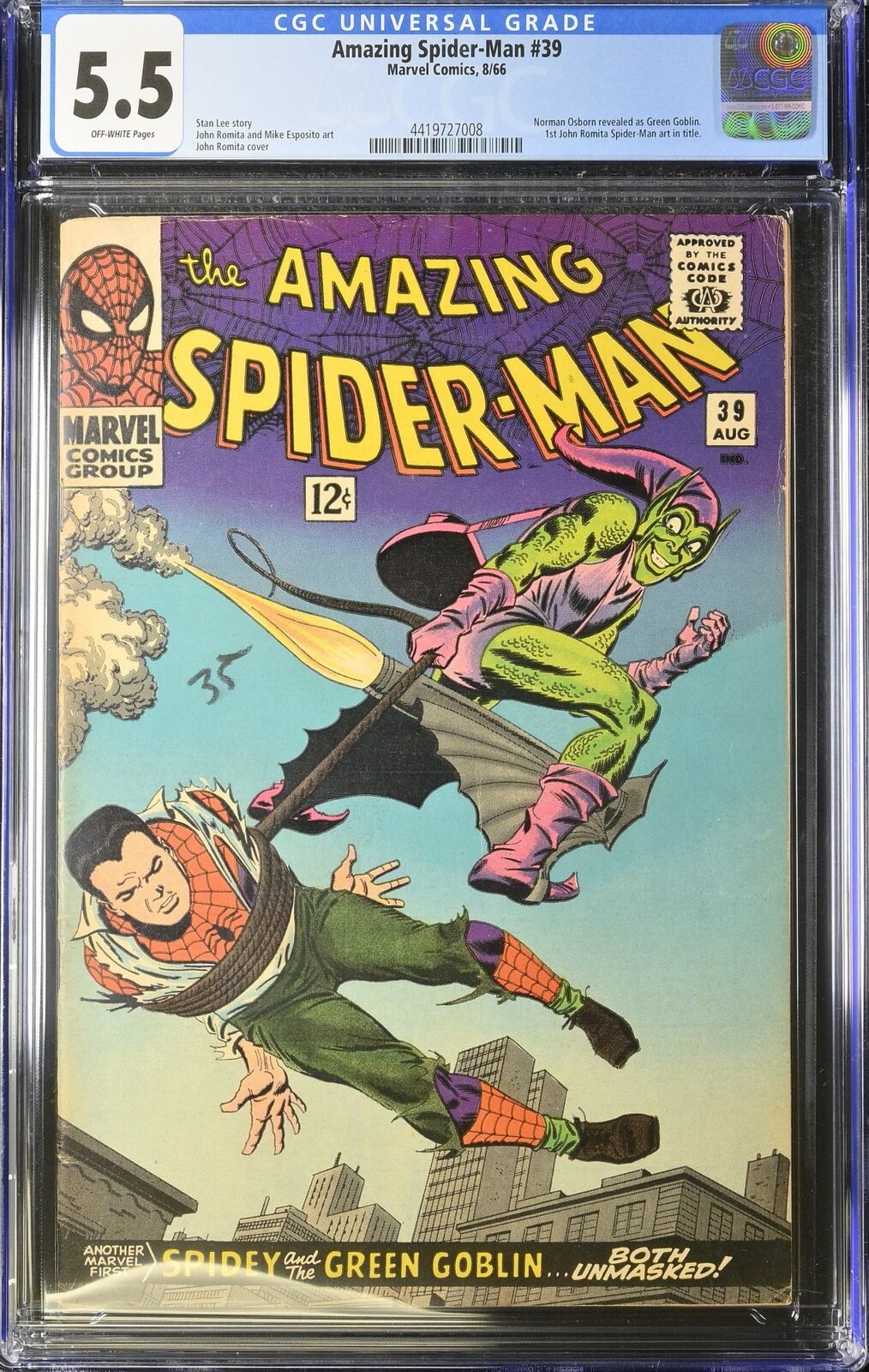 Amazing Spider-Man #39 CGC FN- 5.5 Off White Green Goblin 1st Romita in Title