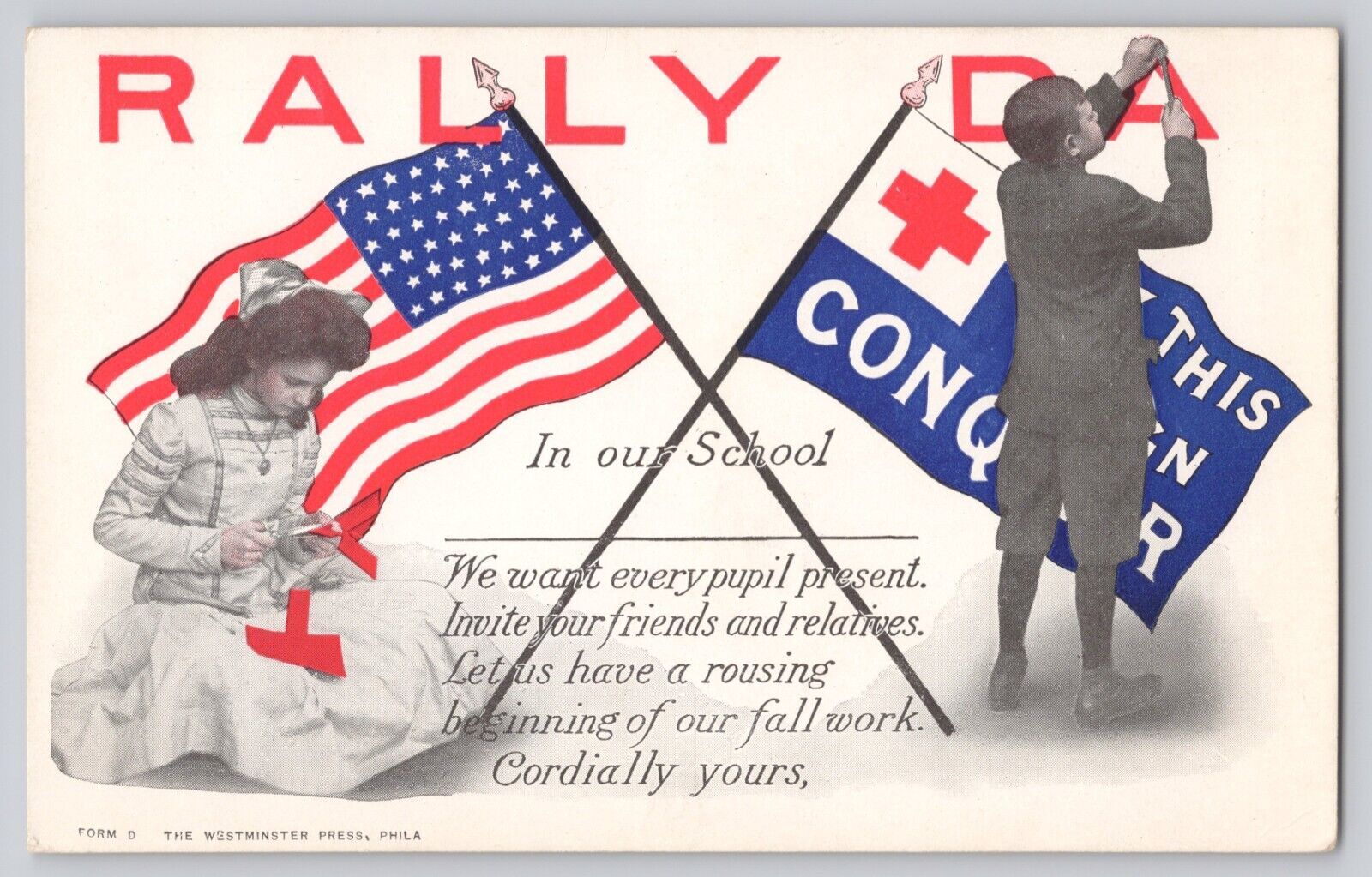 Postcard 1910 Patriotic Rally Day American Flag Red Cross 1910 Westminster Press