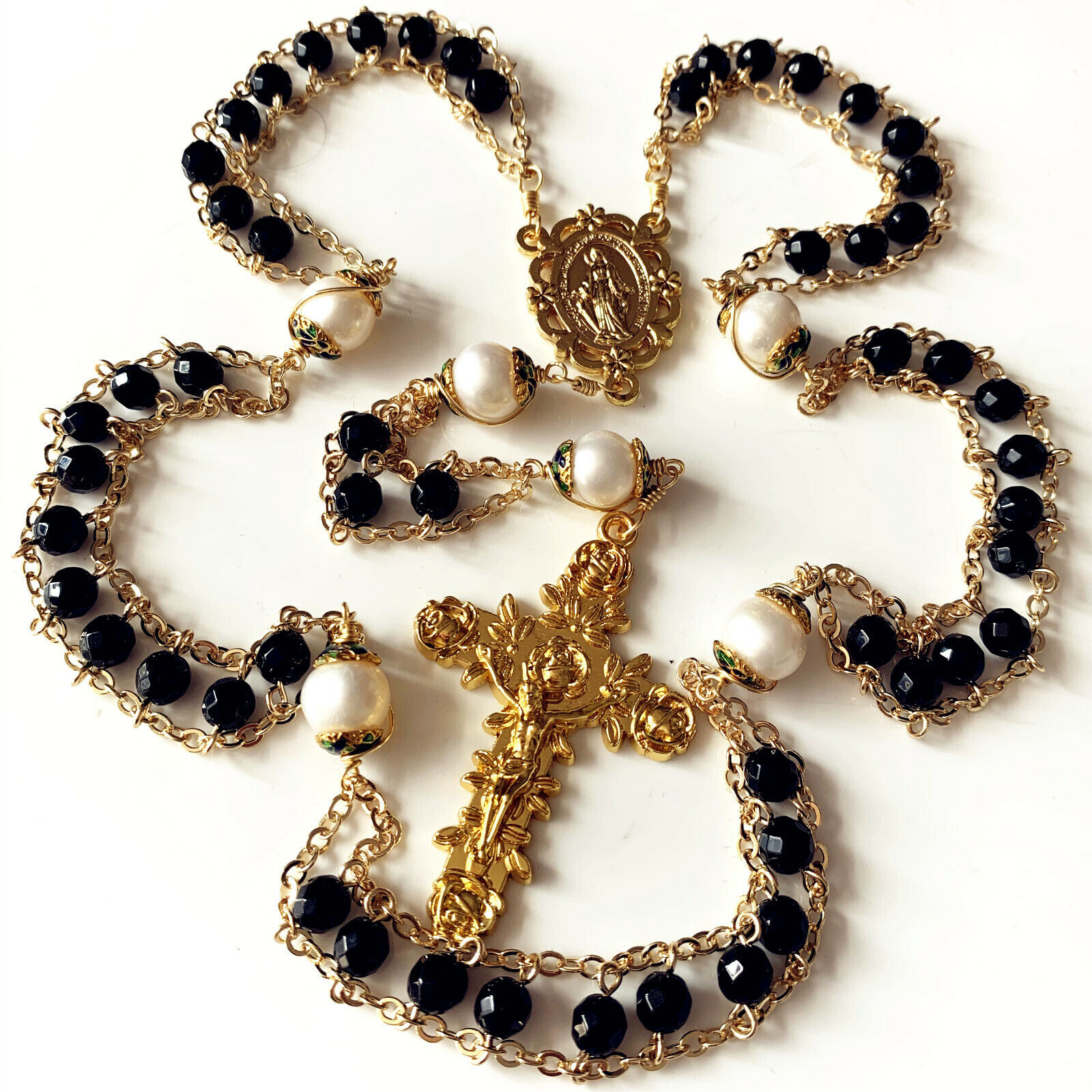 Gold Ladder to Heaven Black Agate & Real AAA10mm Pearl Catholic Rosary cross box