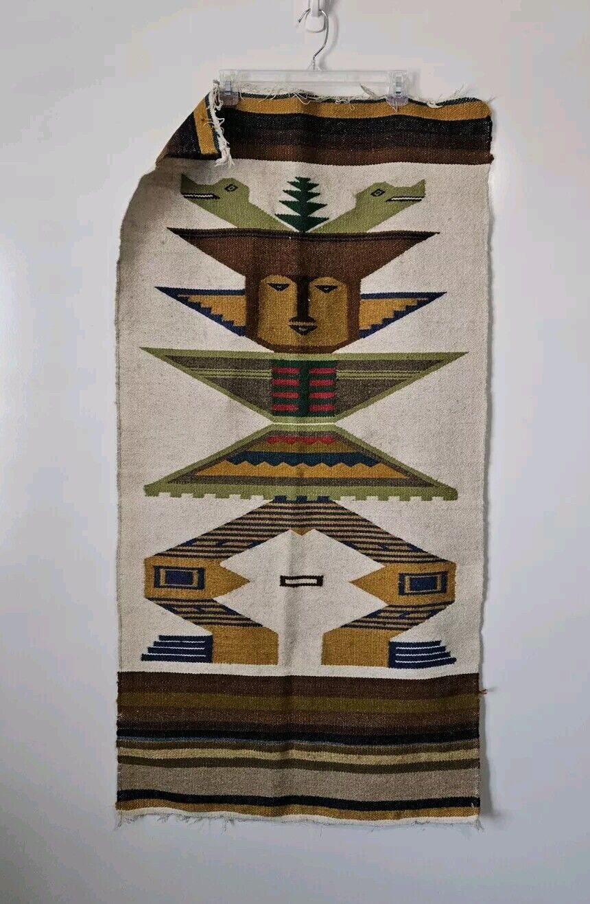 Vintage Hand Woven Wool Rug  Mexico Native Folk Art 47\
