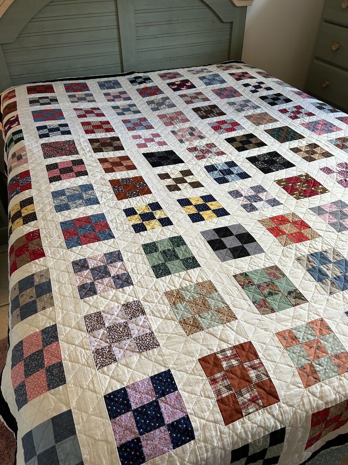 9 Patch Quilt Hand Quilted Vintage Fabrics Feedsack 90x68” Patchwork Cottage