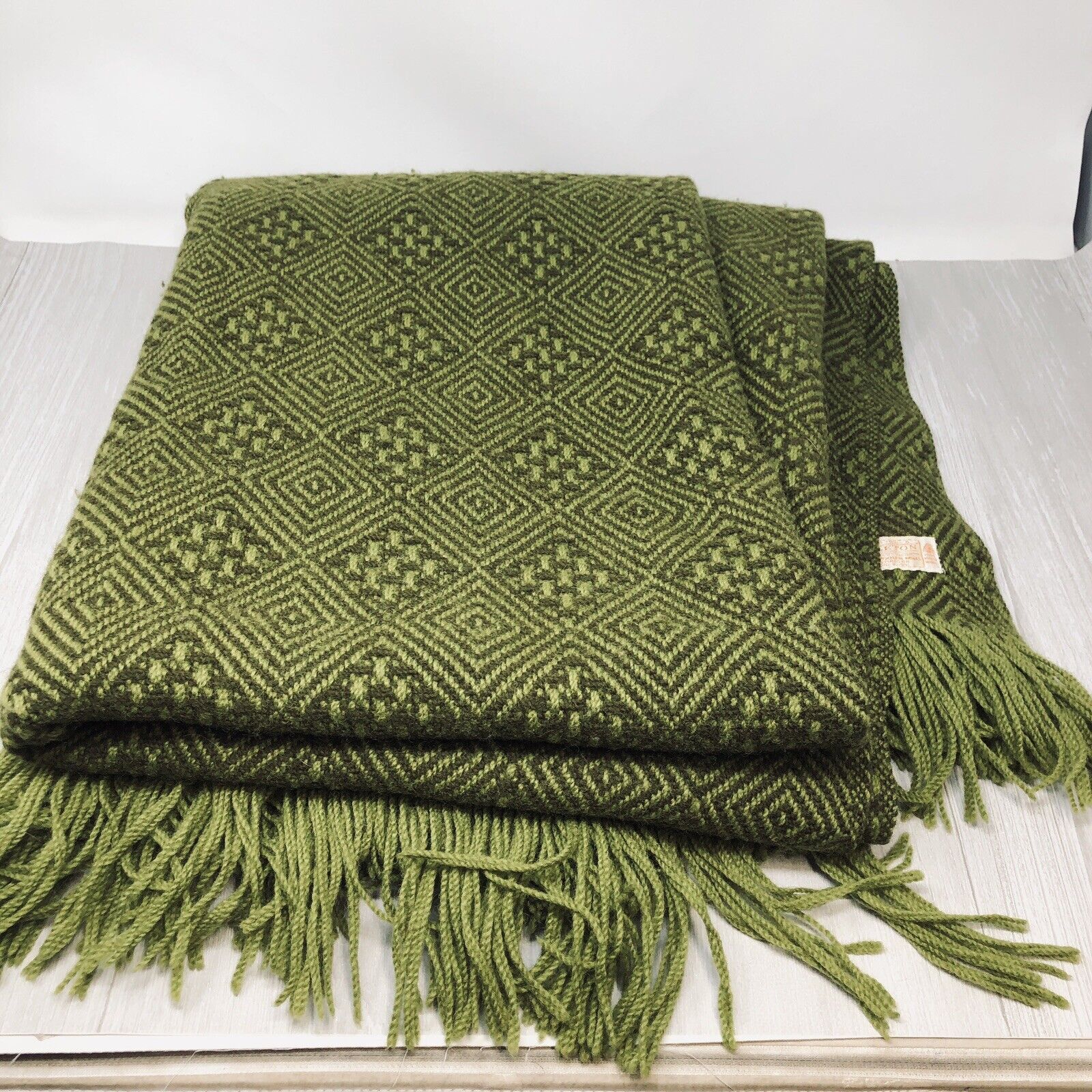 Vintage Pendleton Virgin Wool MCM Throw Blanket Olive Green with Fringe 64x54